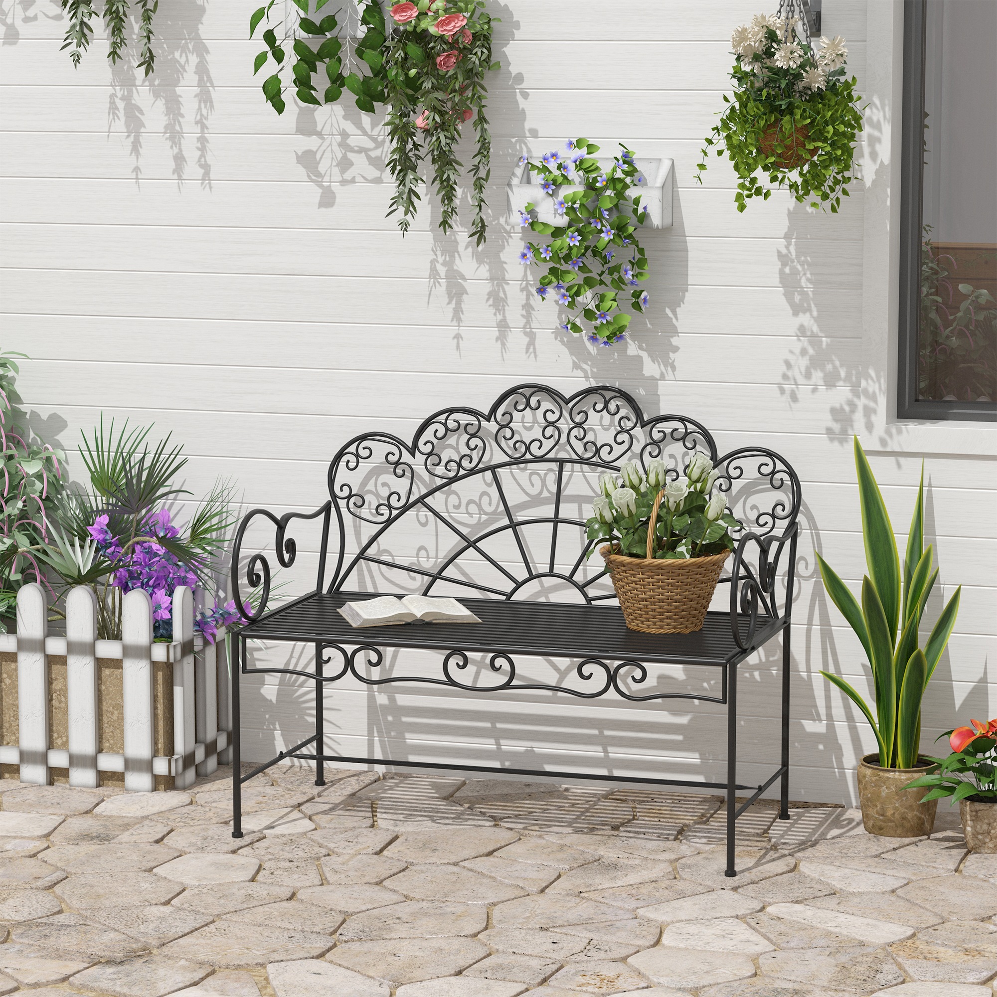 Outsunny 2-Sitzer Gartenbank robust, Parkbank rostfrei Sitzbank Bank Gartenmöbel für Terrasse, Garten und den generellen Außenbereich 107cm x 55,5cm x 90,5cm, Schwarz