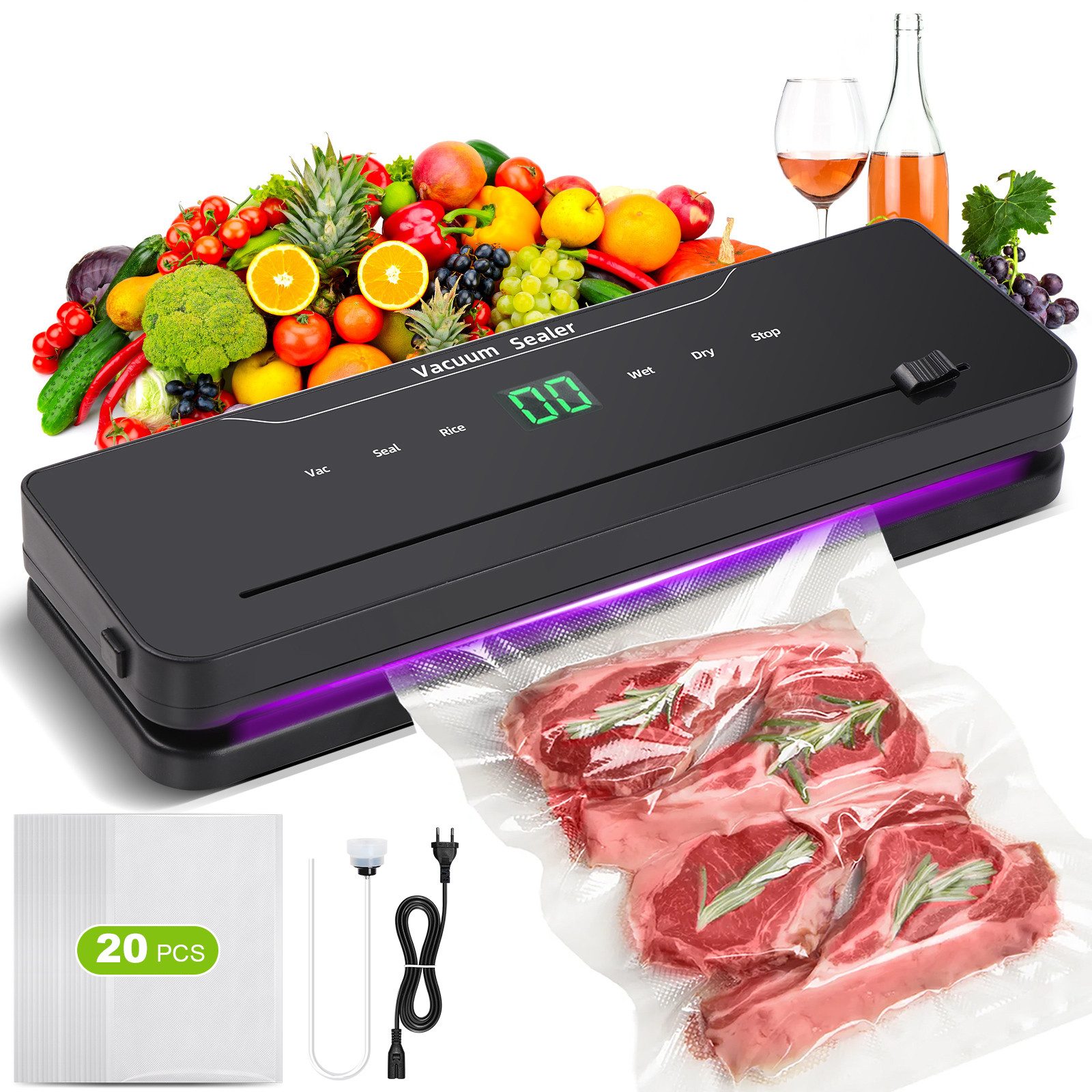 Vakuumierer Vakuumierer Satz 6 in 1 Vakuumiergerät + 20 Vakuumierbeutel 85 kPa