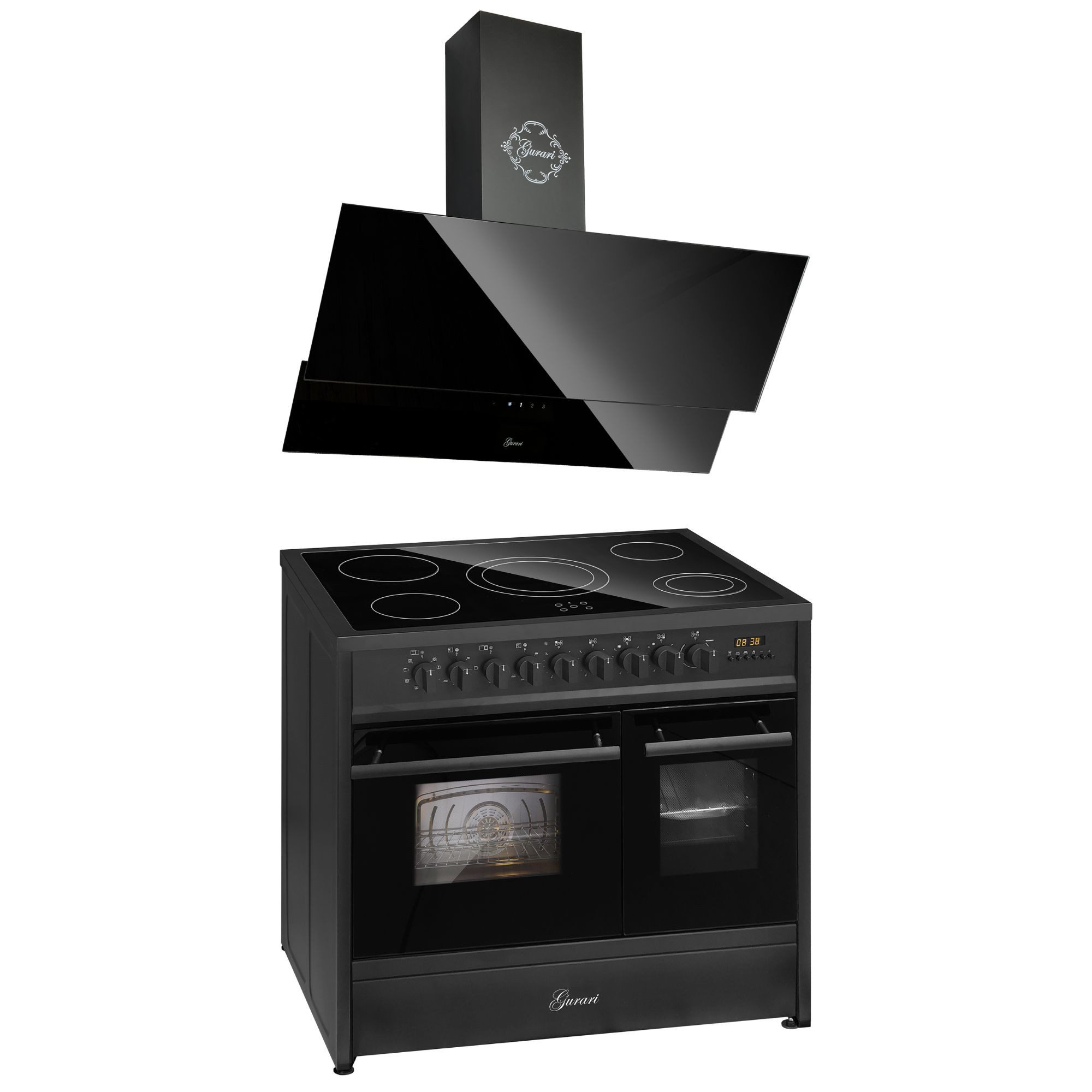 Elektro-Standherd Glaskeramik Herd 90 cm Schwarz Range Cooker Elektro Doppelbackofen+Dunstabzugshaube 90 cm 1000m³/h GCH E 912 DF BL+GCH D 268 BL 9 PRIME N