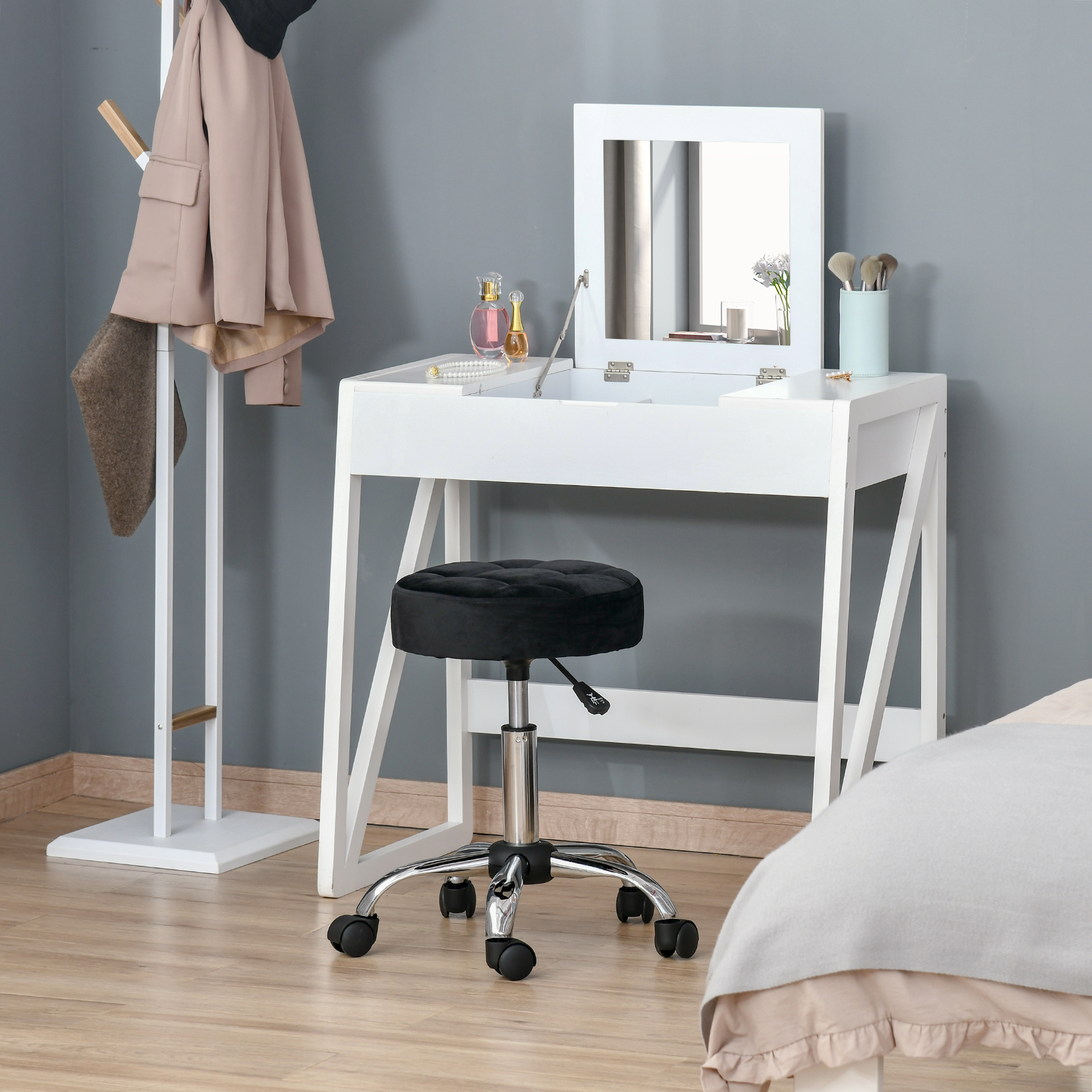HOMCOM Salonhocker, höhenverstellbar, Bezug in Samtoptik, Ø35 x 49-61 cm, Schwarz