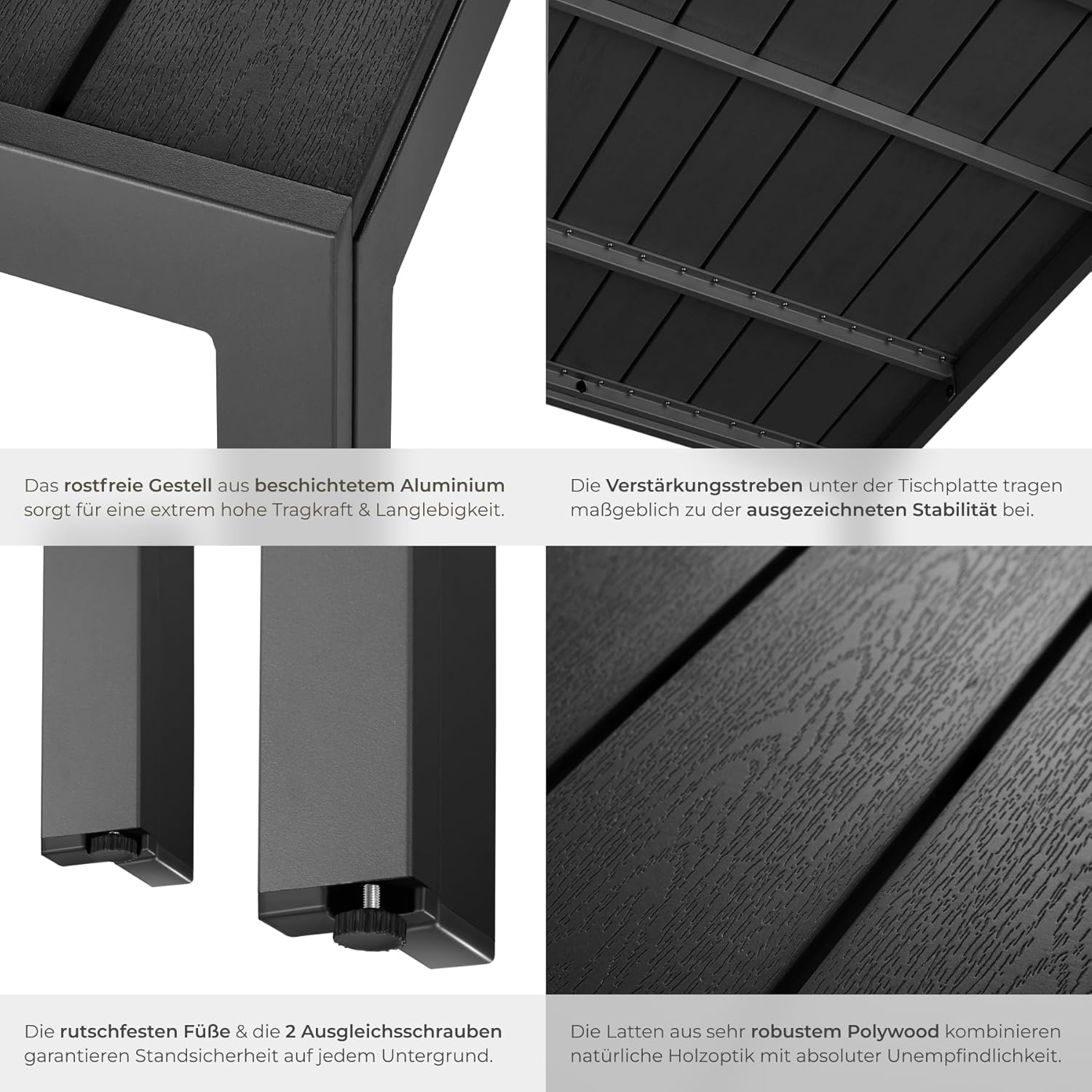 tectake® Gartentisch, Outdoor Esstisch, Balkontisch in Holz Optik, Terrassentisch mit Aluminiumrahmen, Gartenmöbel wetterfest, 90x90x74,5cm, Tisch für Garten, Lounge, Sitzgruppe - schwarz