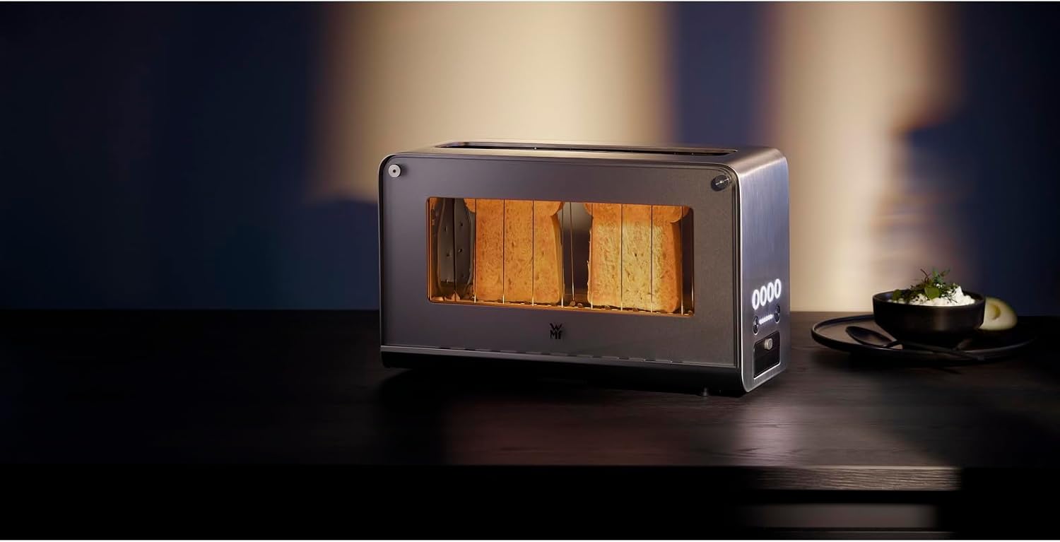 WMF Lono Toaster Glas mit Brtchenaufsatz, 2 Scheiben, XXL, motorisierte Toastaufnahme, Aufwrm-Funktion, 7 Brunungsstufen, Toaster edelstahl matt