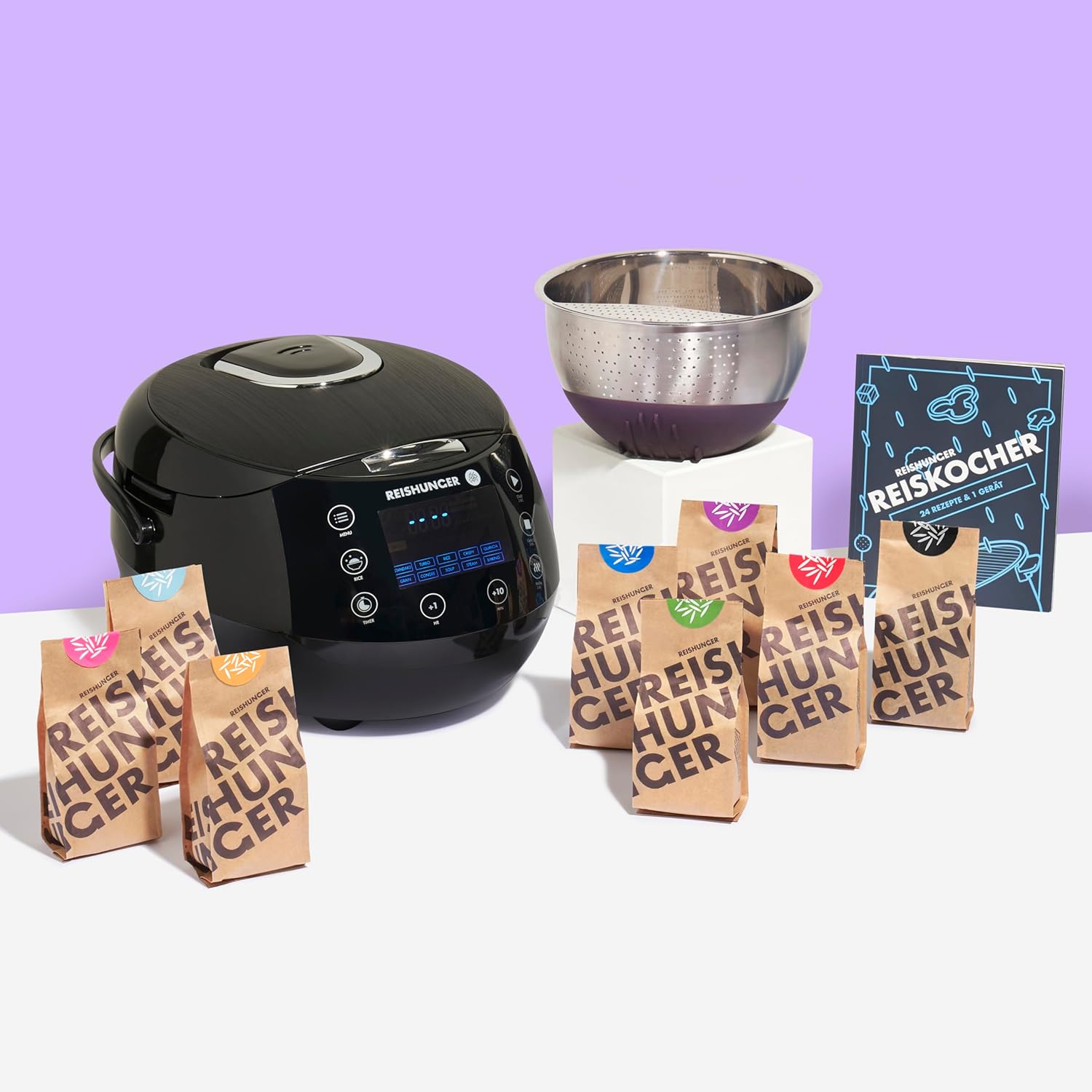 REISHUNGER Digitaler Reiskocher & Dampfgarer Schwarz | 1,5 L bis 8 Personen | Warmhaltefunktion, Timer & Premium Innentopf | Multikocher, 12 Programme, 7-Phasen-Technologie