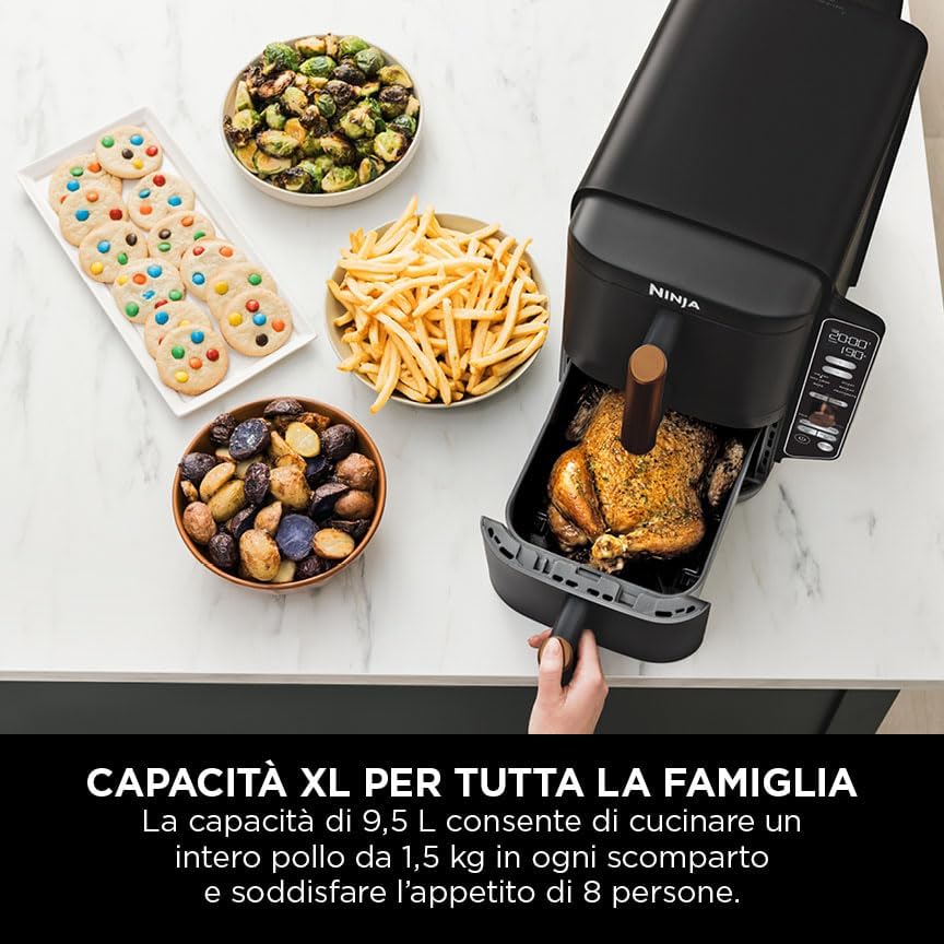 Ninja Double Stack XL Friggitrice ad Aria Verticale, Doppia Zona, 4 Livelli, 2 Scomparti, 2 Griglie, Capienza 9.5L, 6 Funzioni, 8 Porzioni, Parti Lavabili in Lavastoviglie, Pinze, Nero/Rame, SL400EUCP