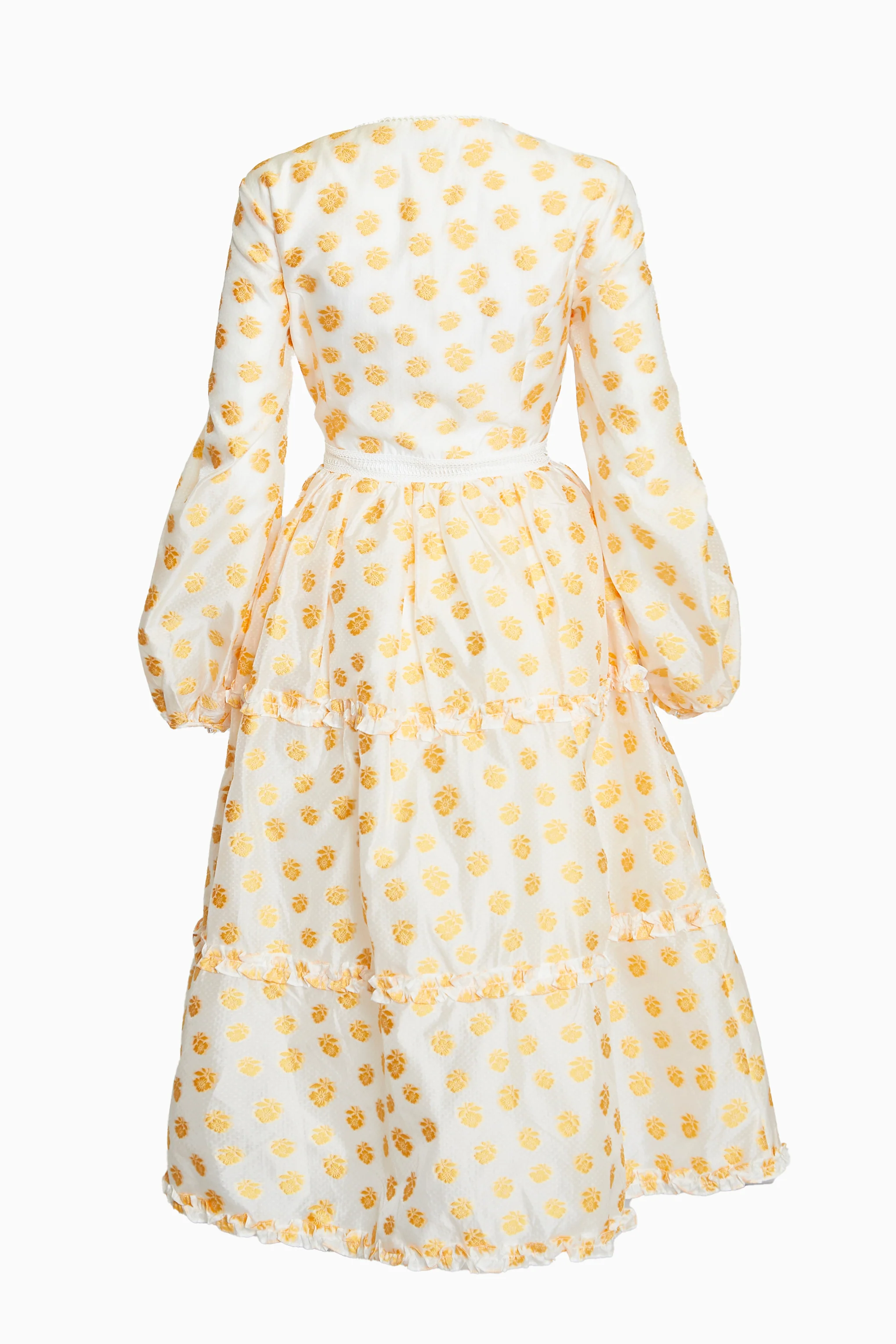 Sunny Cream Mustard Jacquard Tiered Plunge Front Midi Dress