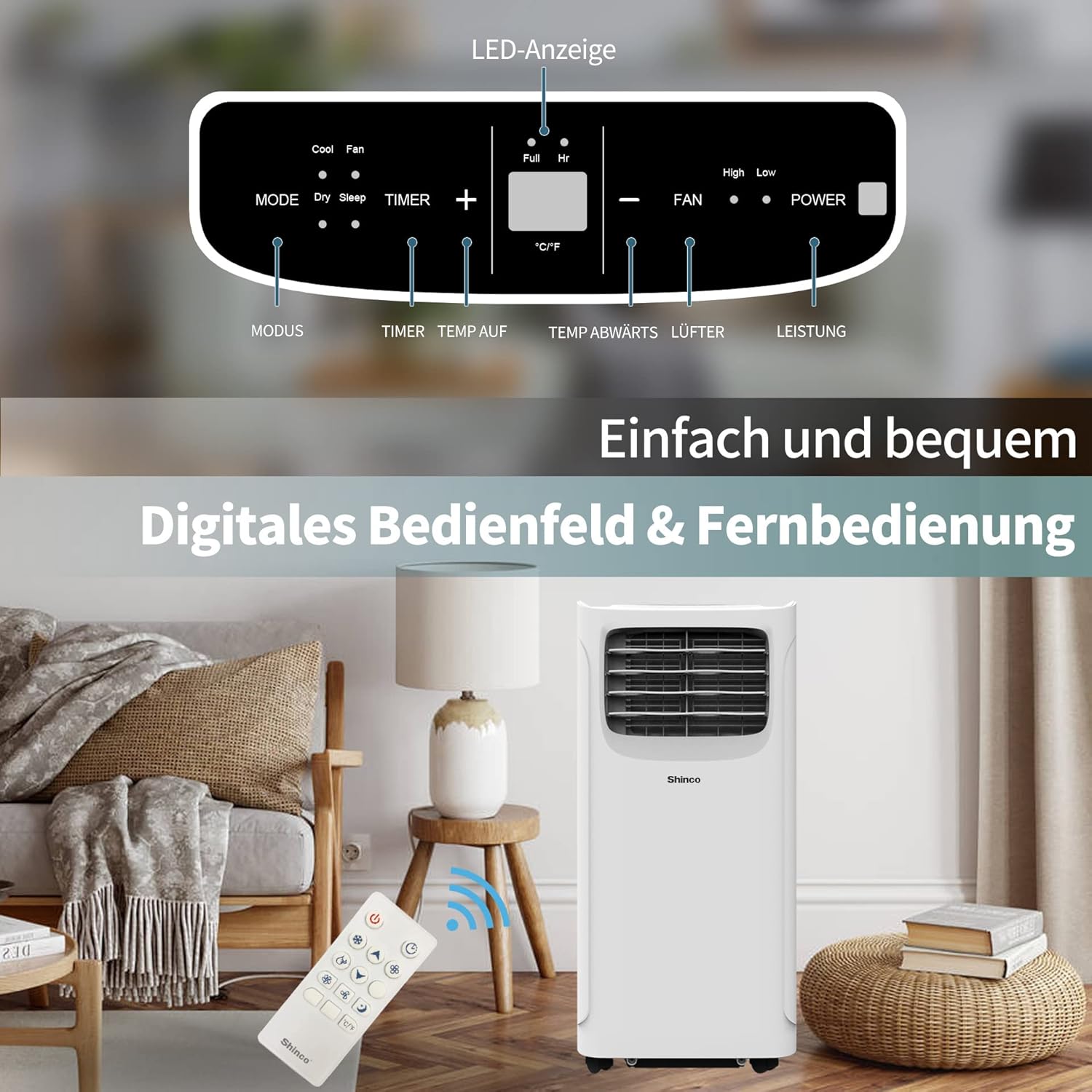 SHINCO Mobile Klimaanlage mit Abluftschlauch, 9000BTU, 2,6 kW, Kühlen&Ventilieren&Entfeuchten, Mobiles Klimagert mit Schlafmodus, Raumgre bis 22㎡, 24-Stunden-Timer