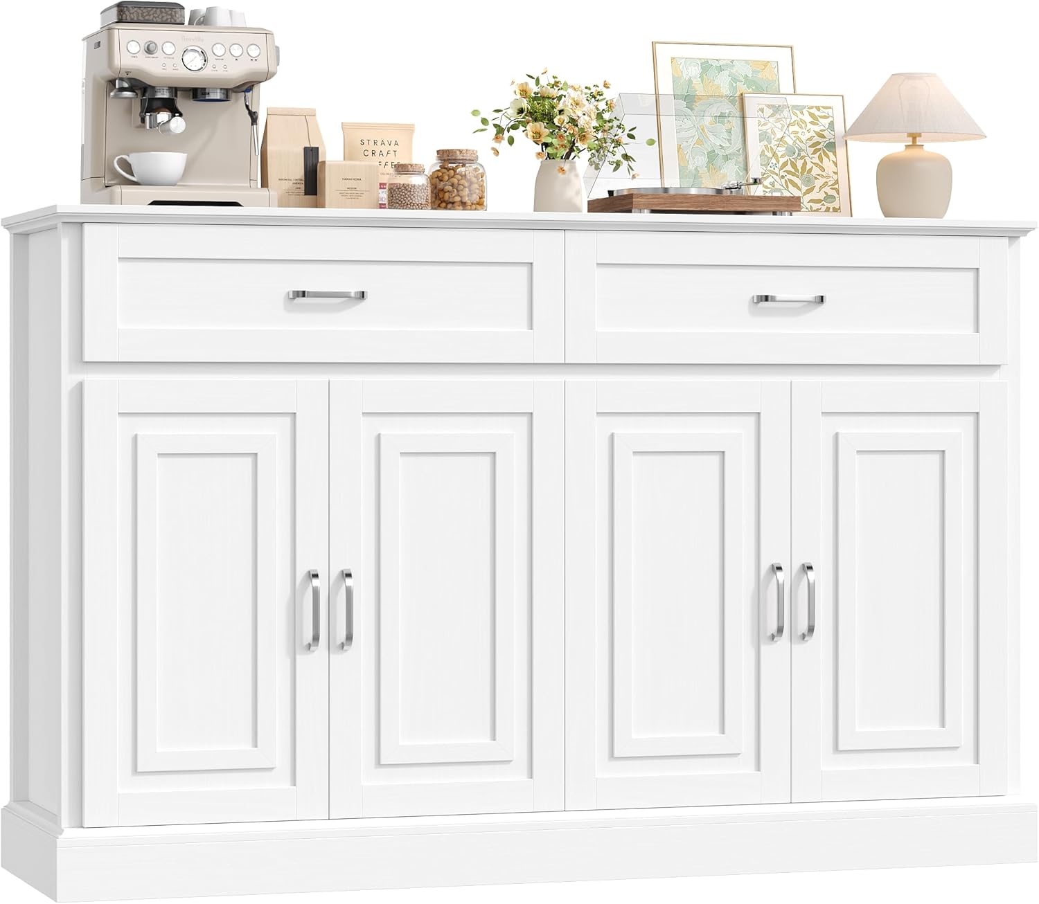 FirFurd 140CM Credenza Cucina,Mobile Cucina con 2 Cassetti e 4 Ante, Madia Soggiorno Moderna con Ripiani Regolabili e Rimovibile, per Cucina, Sala da Pranzo, Soggiorno, 140x39.5x92.2cm Bianco