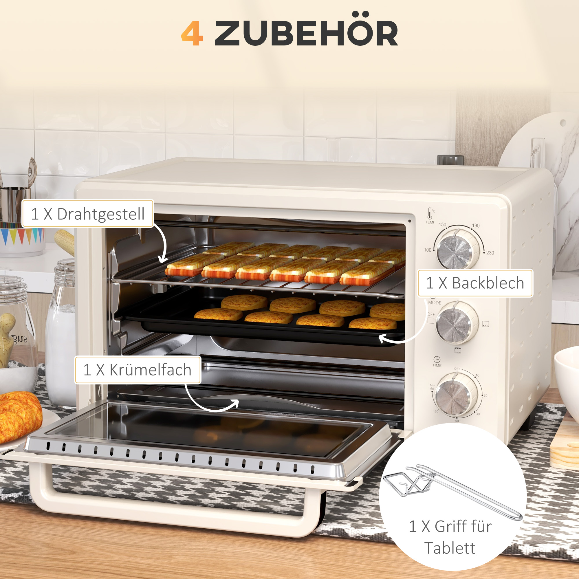 Minioven, 3 Kookmodi, tot 230�� C, 1400W, met Accessoires, 46x38,5x29cm, Cr��me