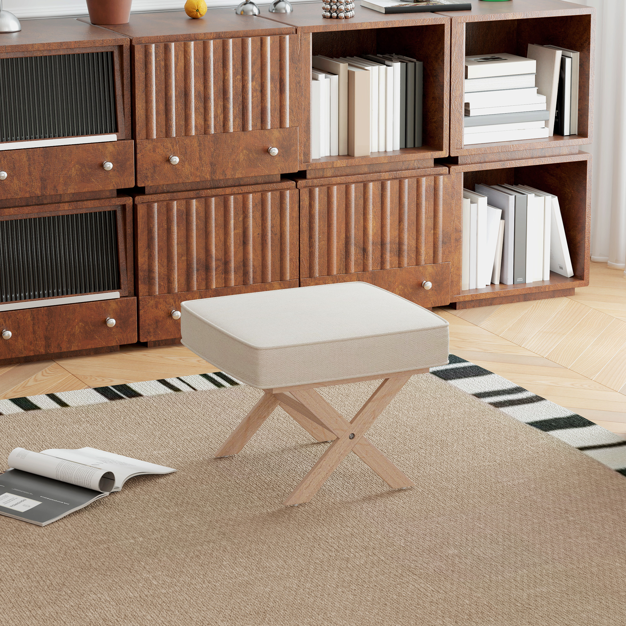 Moderne voetensteun, gepolsterde kruk met zachte zitting, rubberhout poten, voor woonkamer, slaapkamer, Beige