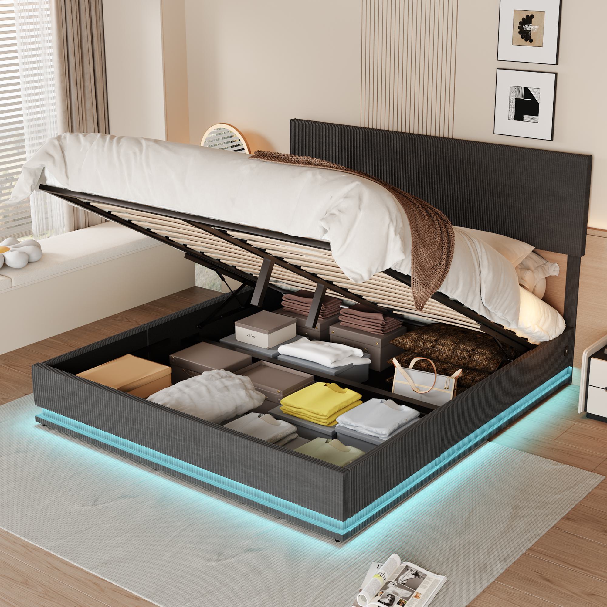 Doppelbett mit Stauraum, 160x200 cm, höhenverstellbares Kopfteil, ohne Matratze, Dunkelgrau