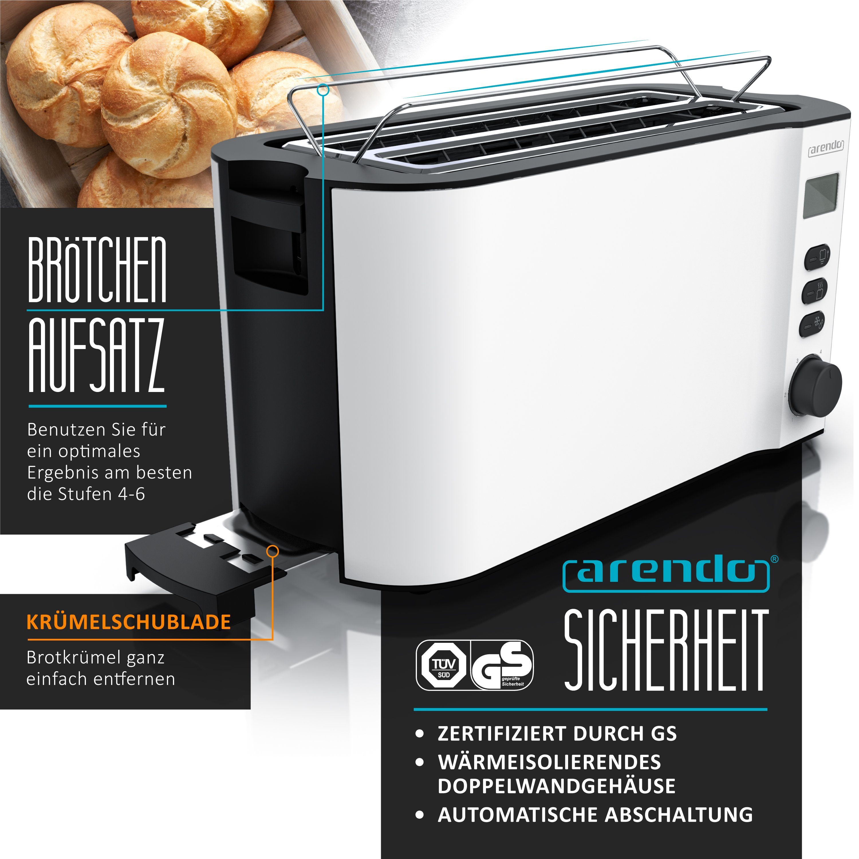 Toaster Edelstahl, Langschlitz, Display mit Restzeitanzeige, Brötchenaufsatz