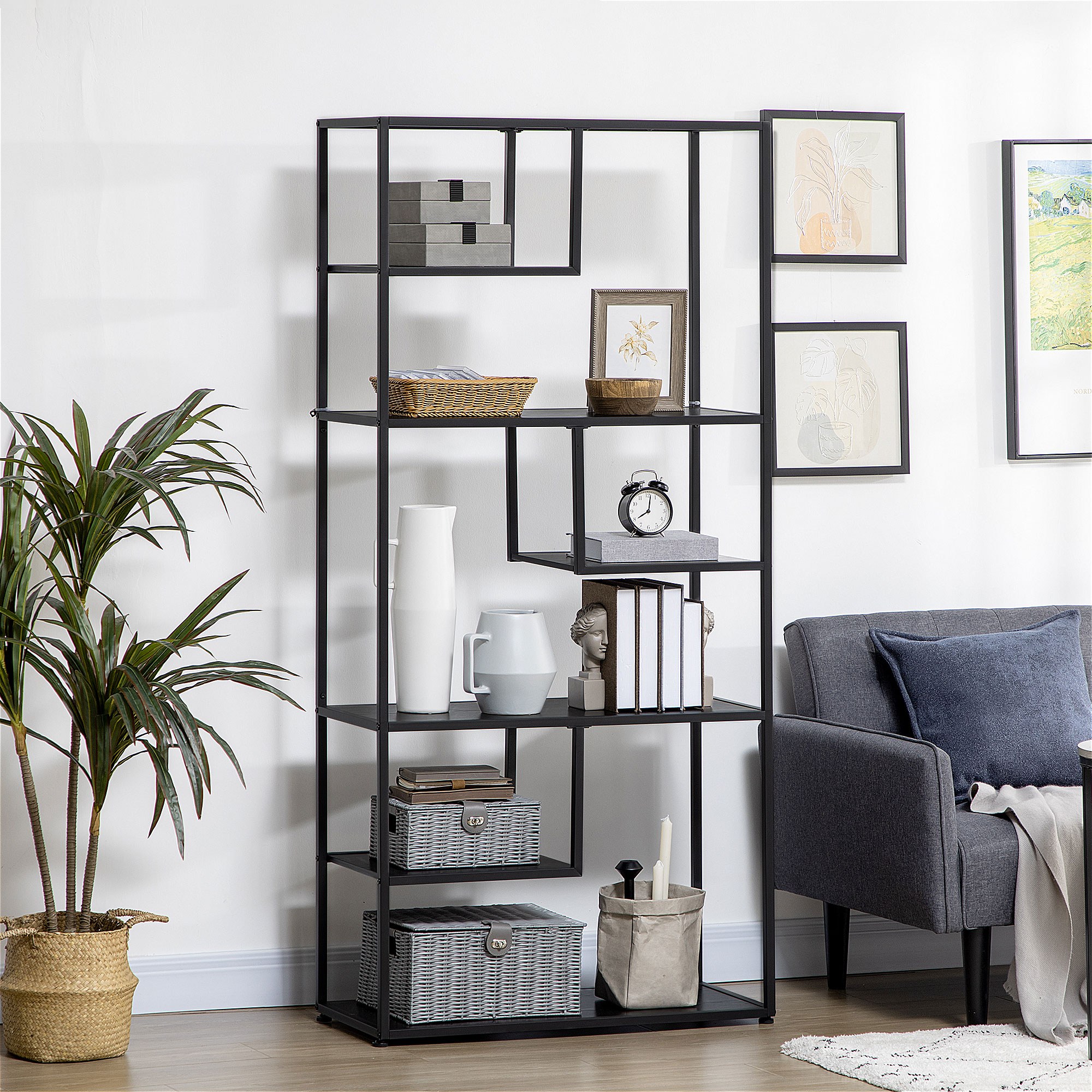 HOMCOM Bücherregal Regal mit 7 Ebenen, Rahmen aus Stahl im Industriestil 83 x 34 x 180 cm Schwarz