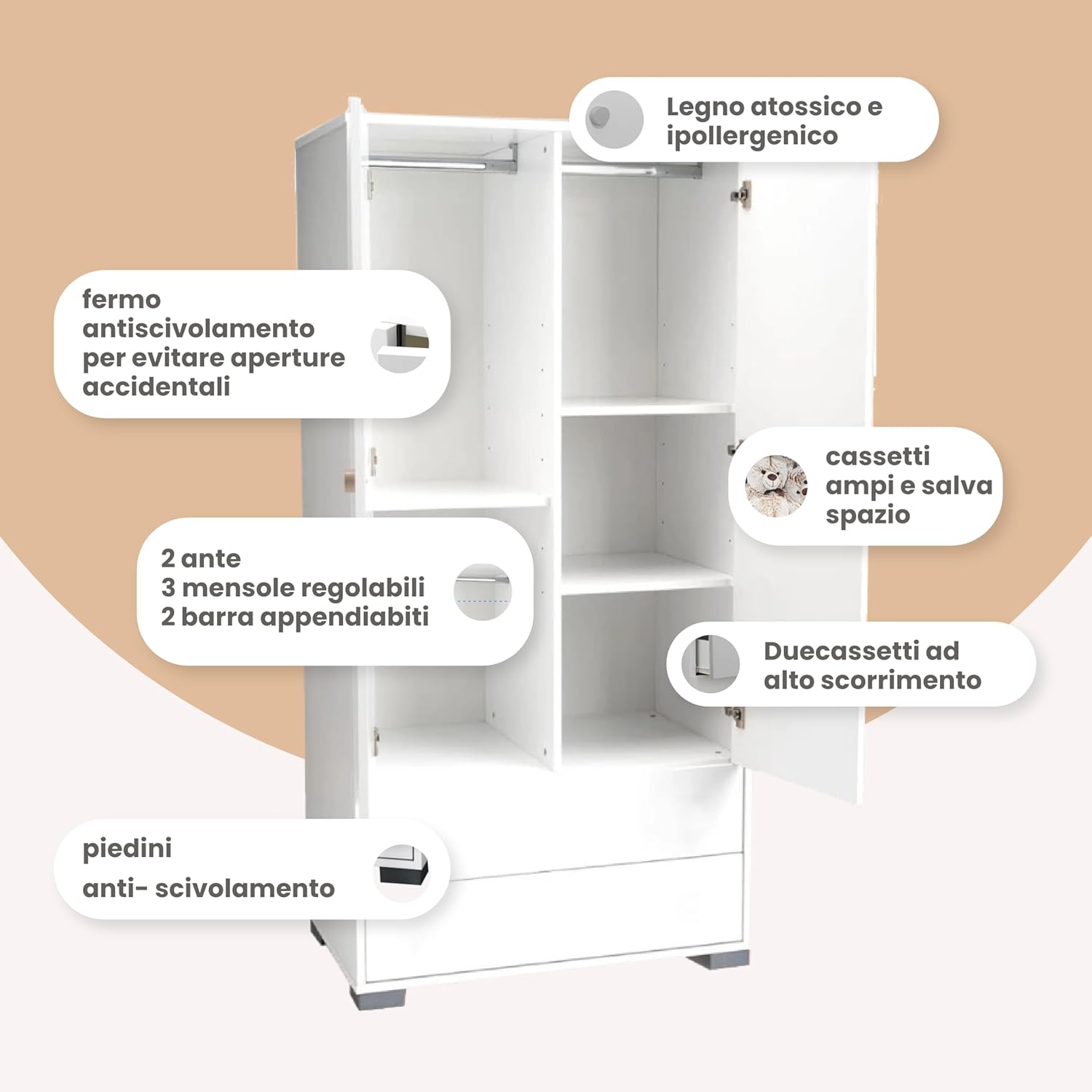 Palla Pallina Bedroom Wardrobe with 2 Doors with Slow Closing, 3 Adjustable Shelves and 2 Drawers Versatile and Safe for Parents with Babies Bedroom Wardrobe, 95 x 58 x 192 H cm, Made in Italy