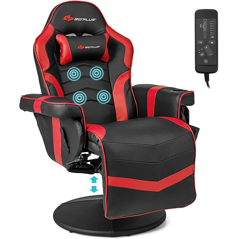 Ergonomic Gaming Recliner Chair with Massage, Retractable Footrest & Cup Holder, Height Adjustable Racing Style Swivel Video Game Chair