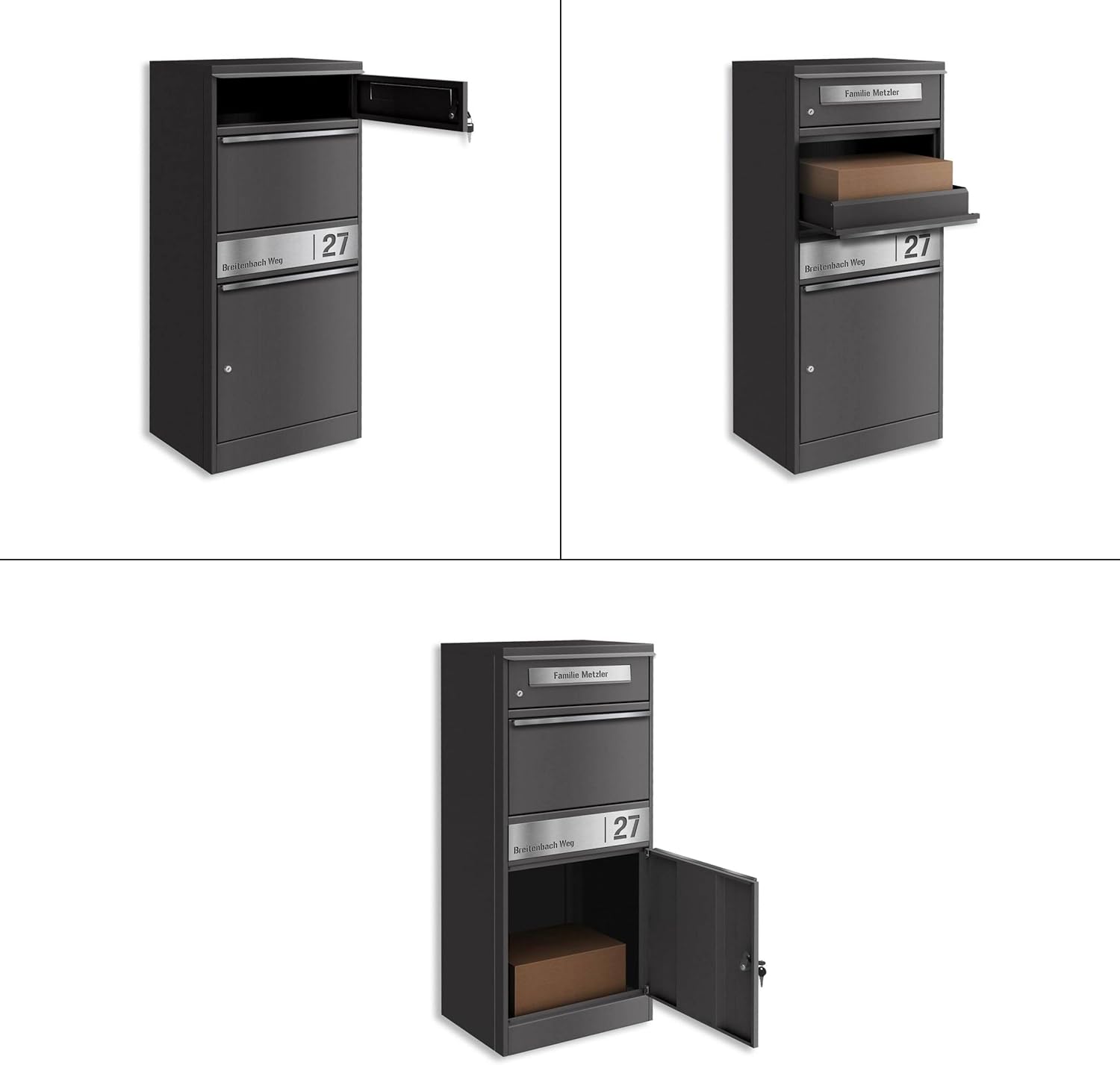 Metzler Briefkasten und Paketbox rostfrei und massiv, paketbox draussen groß XXL, Standbriefkasten modern, Paketkasten, Postbox in DB 703 Eisenglimmer mit Namensgravur, Modell Bispo 2