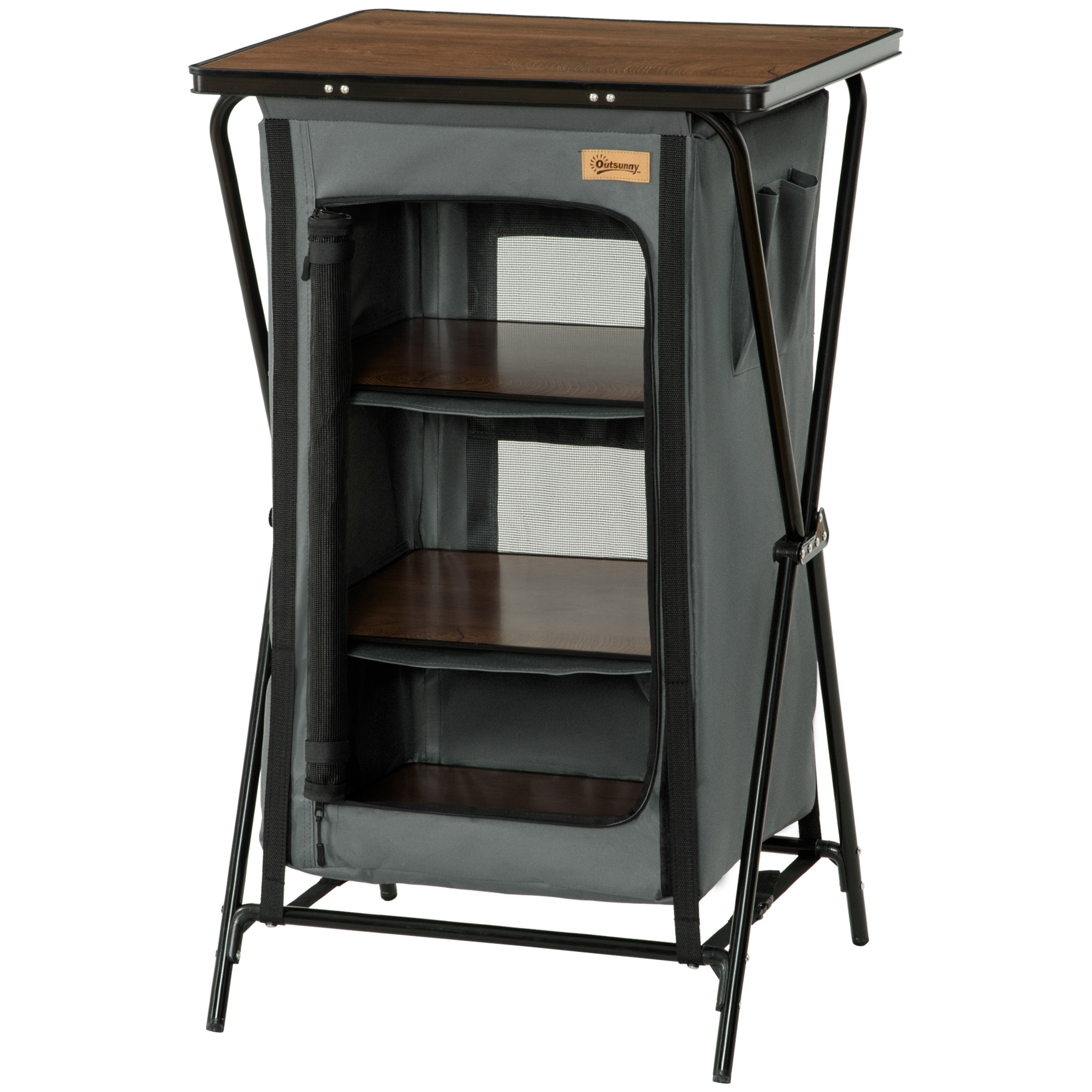 Outsunny Camping-Tisch mit 3 Regalfächern, Reißverschlusstür, Aluminium, faltbar, Grau