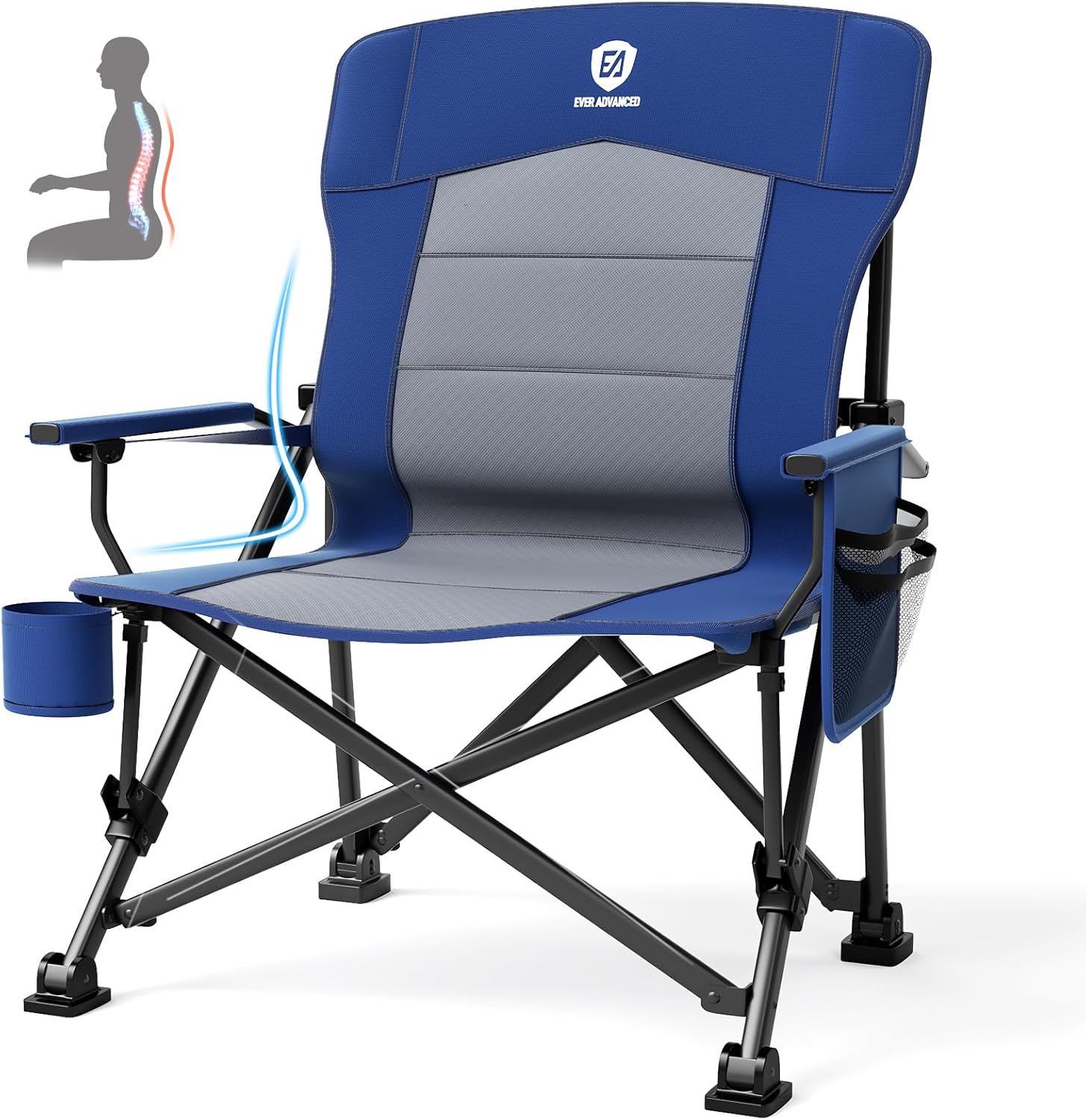 EVER ADVANCED Sedia da campeggio pieghevole, 230 kg, portata XL, supporto lombare, 62 cm, larghezza seduta con tasca laterale, supporto per bevande, sedia pieghevole per campeggio, esterni, balcone,
