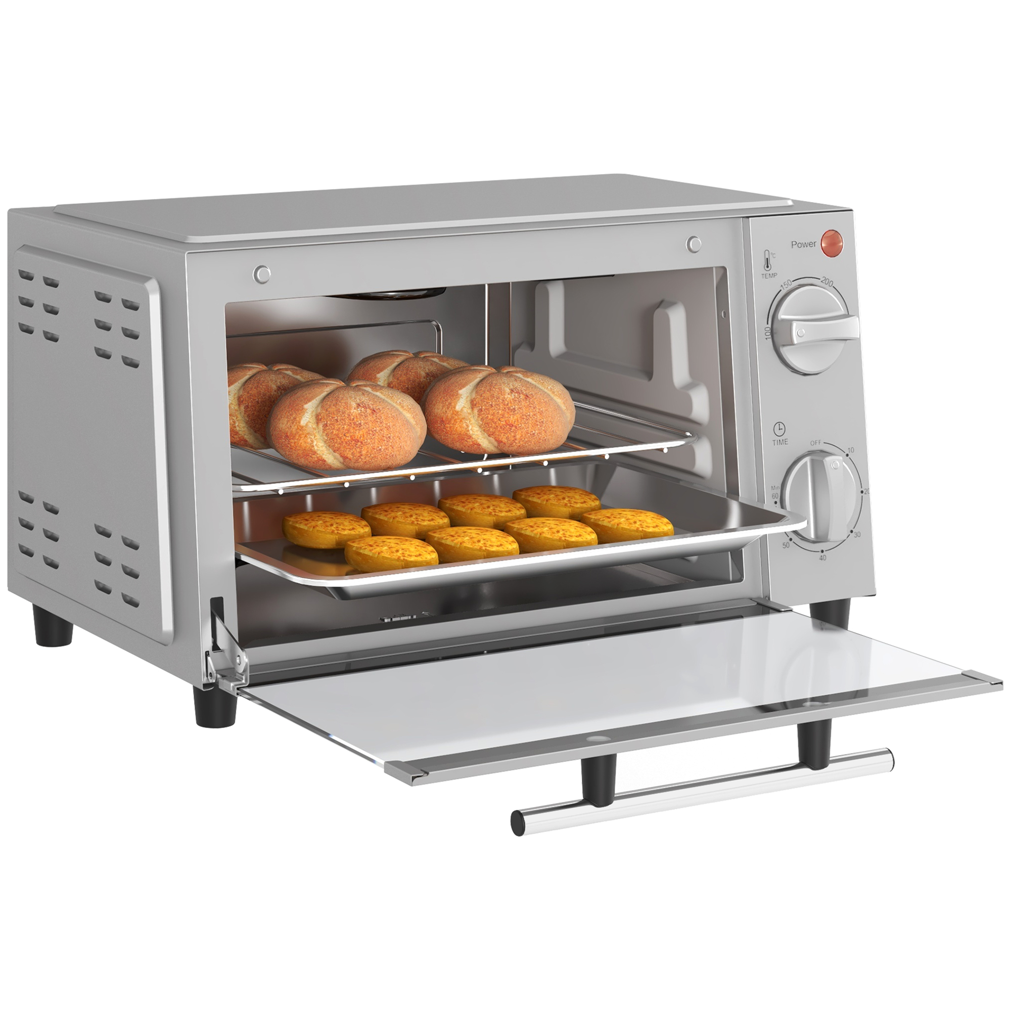HOMCOM Minibackofen, 9 L Mini-Ofen mit Backblech, Grillrost, mit einstellbarer Temperatur und Garzeit, Edelstahl, Silber