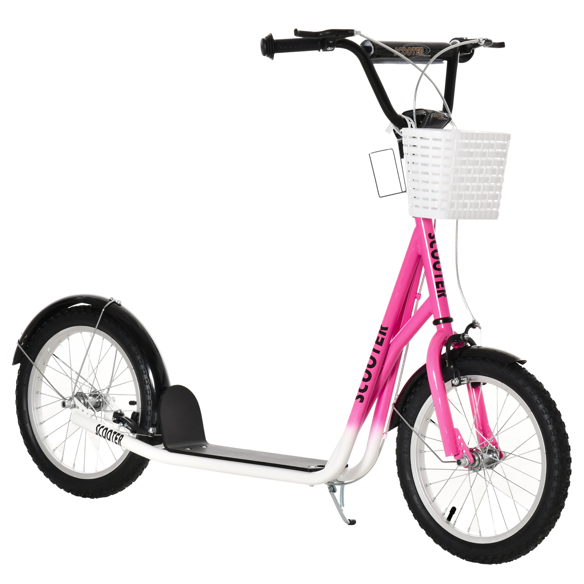 Kinderstep met Rem, Incl. Mand, Hoogteverstelbaar, voor Kinderen van 5 tot 12 Jaar, Wit + Roze