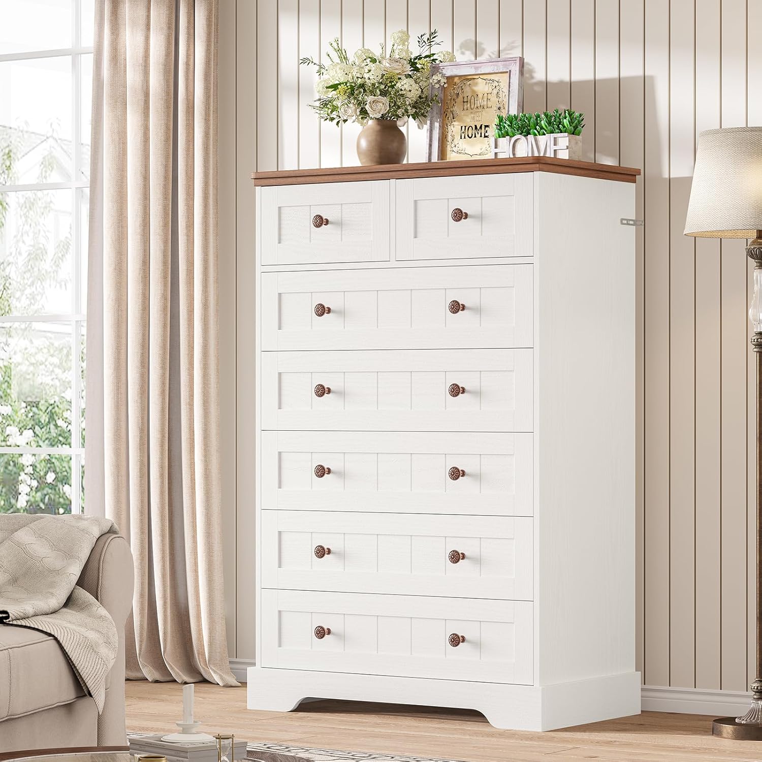Hasuit White Dresser for Bedroom, Farmhouse 7 Drawers Dresser, 51.4