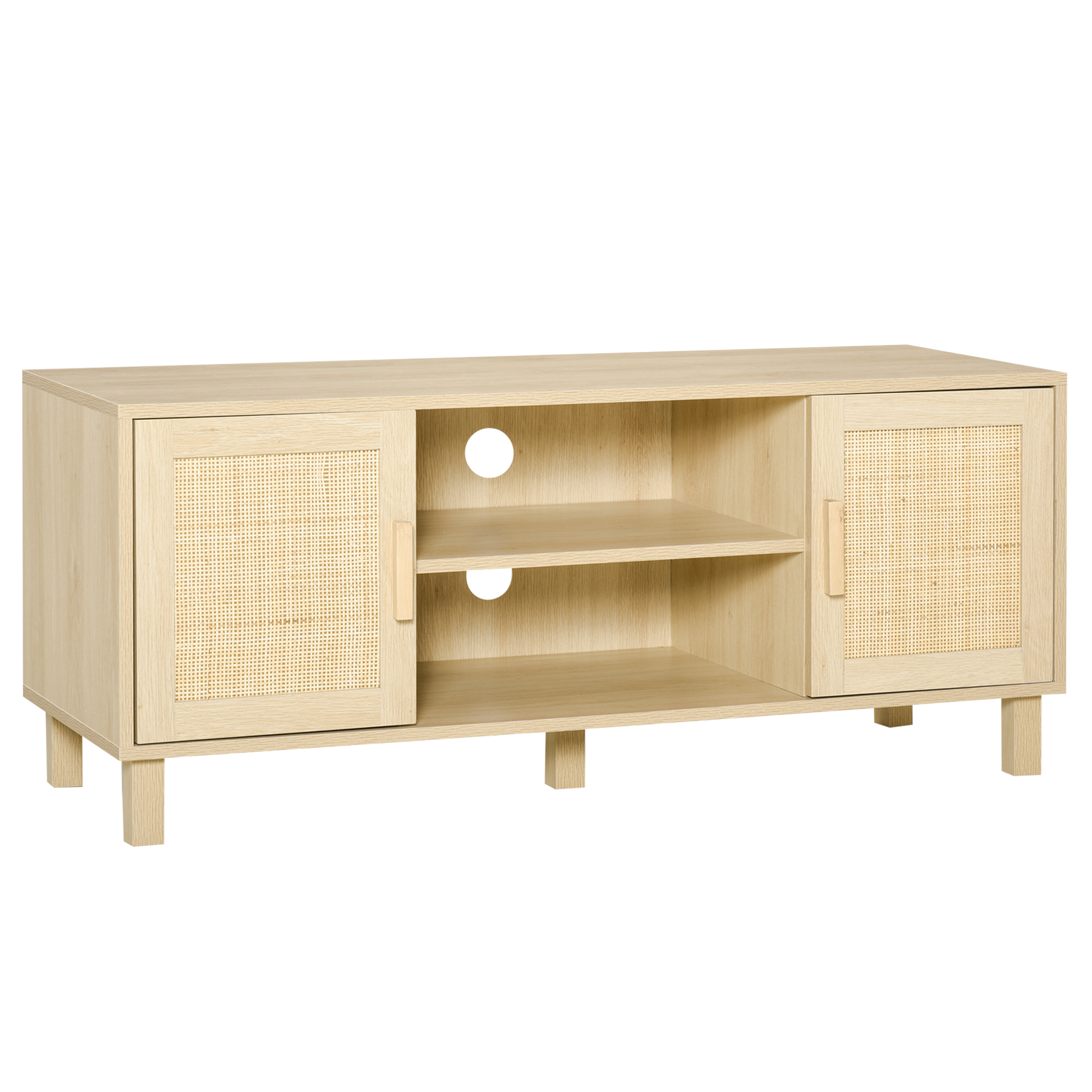 HOMCOM Fernsehtisch Lowboard  TV-Bank TV-Kommode mit 2 Rattantüren und Offene Regale MDF Natur 115 x 40 x 48 cm