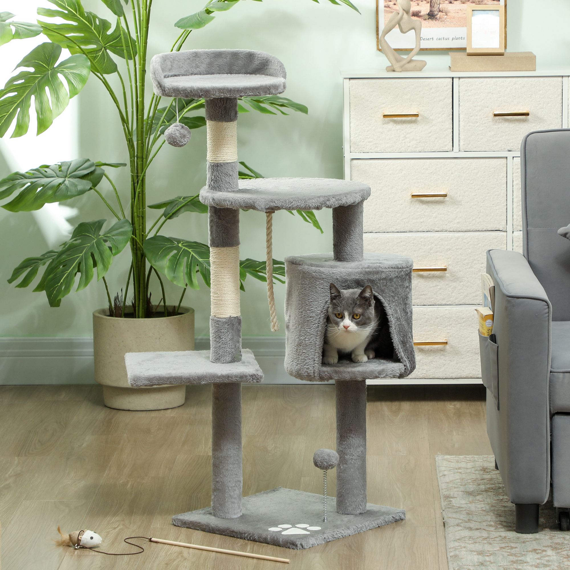 PawHut Katzenbaum multi-equipment Kratzbäume Kratzer Plattformen Höhle Seil Spielzeug 40 x 40 x 114 cm grau