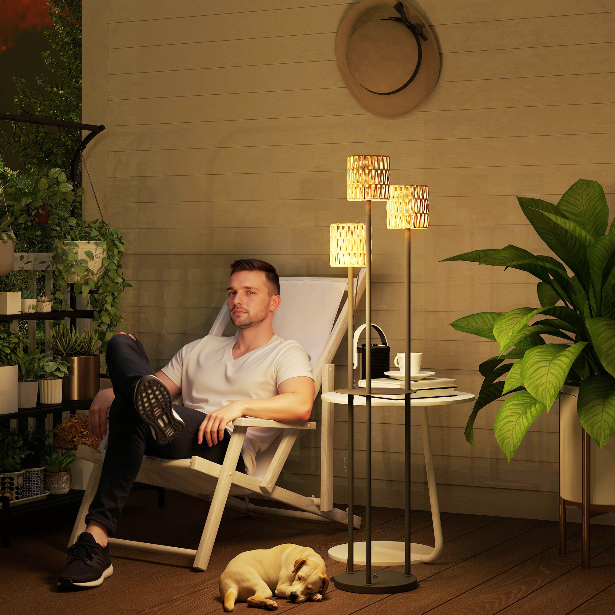 Outsunny Solar Stehlampe Rattan Solarlampen mit Lichtsensor 3 Lichte Solarleuchte im Boho-Stil IP44 Ø37 x 144H cm