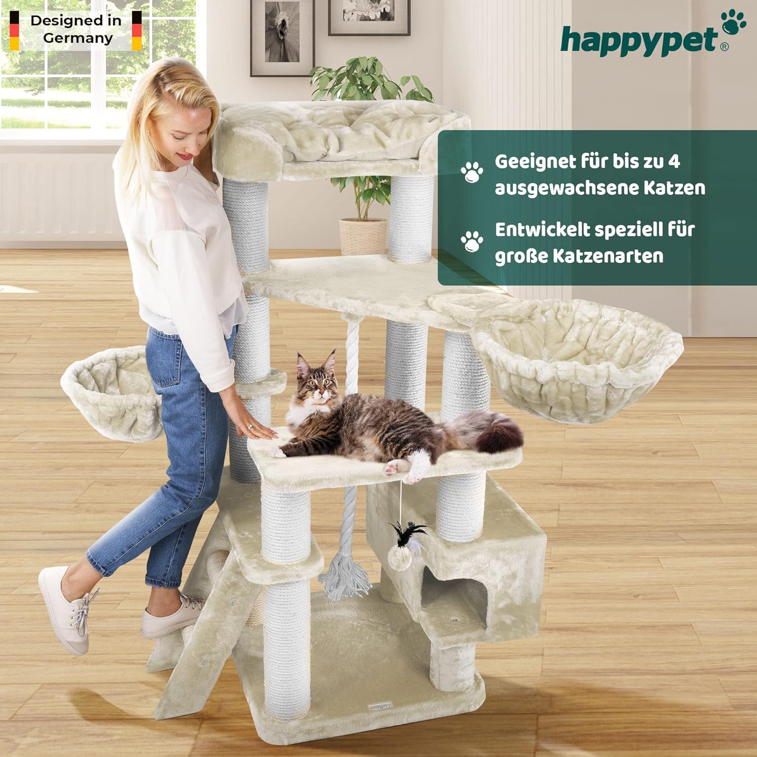HAPPYPET Kratzbaum große Katzen XXL Jacob - Katzenbaum Deckenhoch, Stabil und Massiv mit Sisalsäulen und Dicker Bodenplatte, Ideal für Schwere Rassen