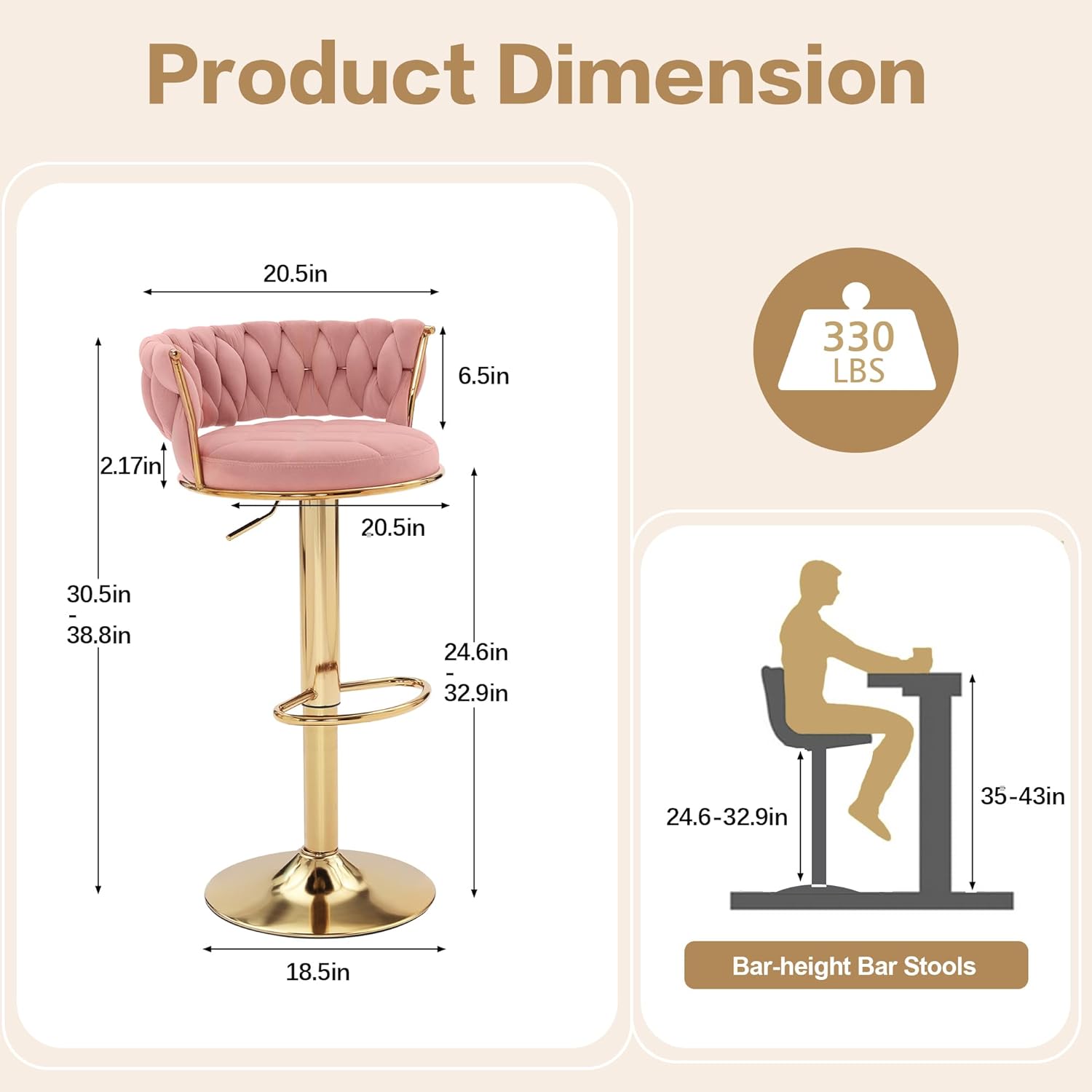 VECELO Bar Stools Set of 2, Adjustable Barstools Counter Height Stools with Back and Arm, Velvet Woven Kitchen Island Stools w/Gold Metal Leg Base, 360° Swivel Bar Chair, Pink