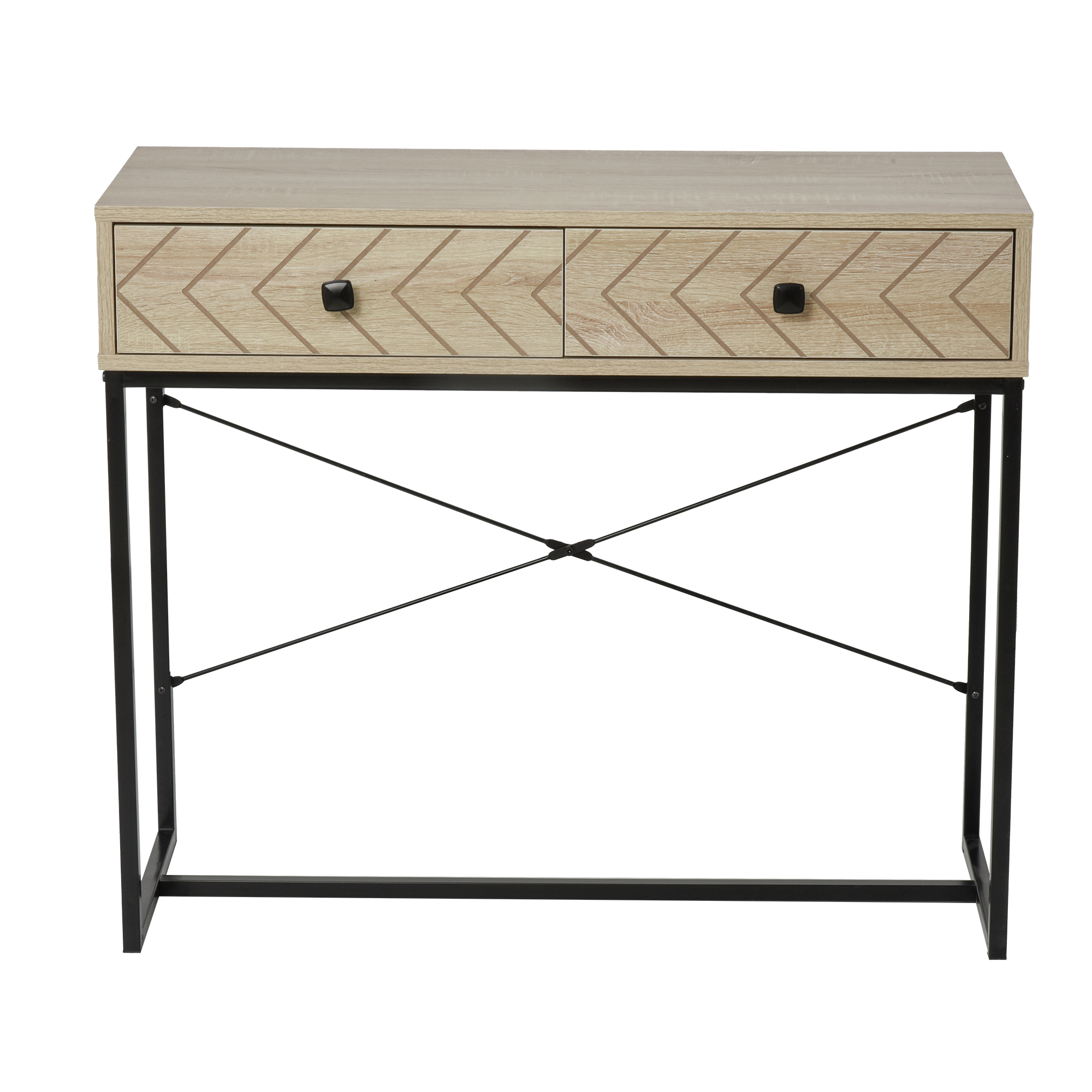 HOMCOM Konsolentisch für den Eingangsbereich Industriedesign 2 Schubladen Naturholz Metallbeine 90 x 35 x 76 cm