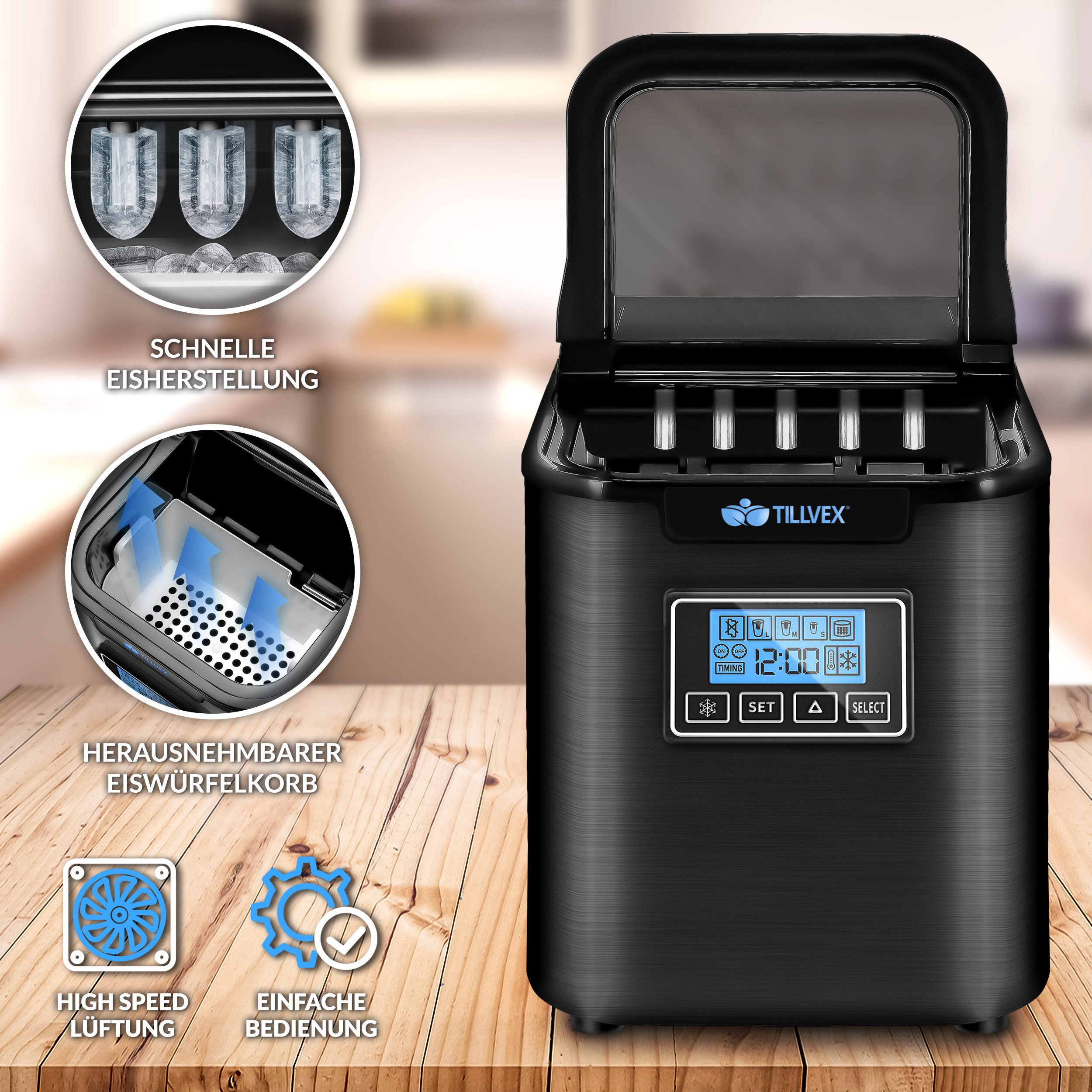 Eiswürfelmaschine Ice Maker 12 kg - 24 h Edelstahl, Mit Timer & LCD-Display