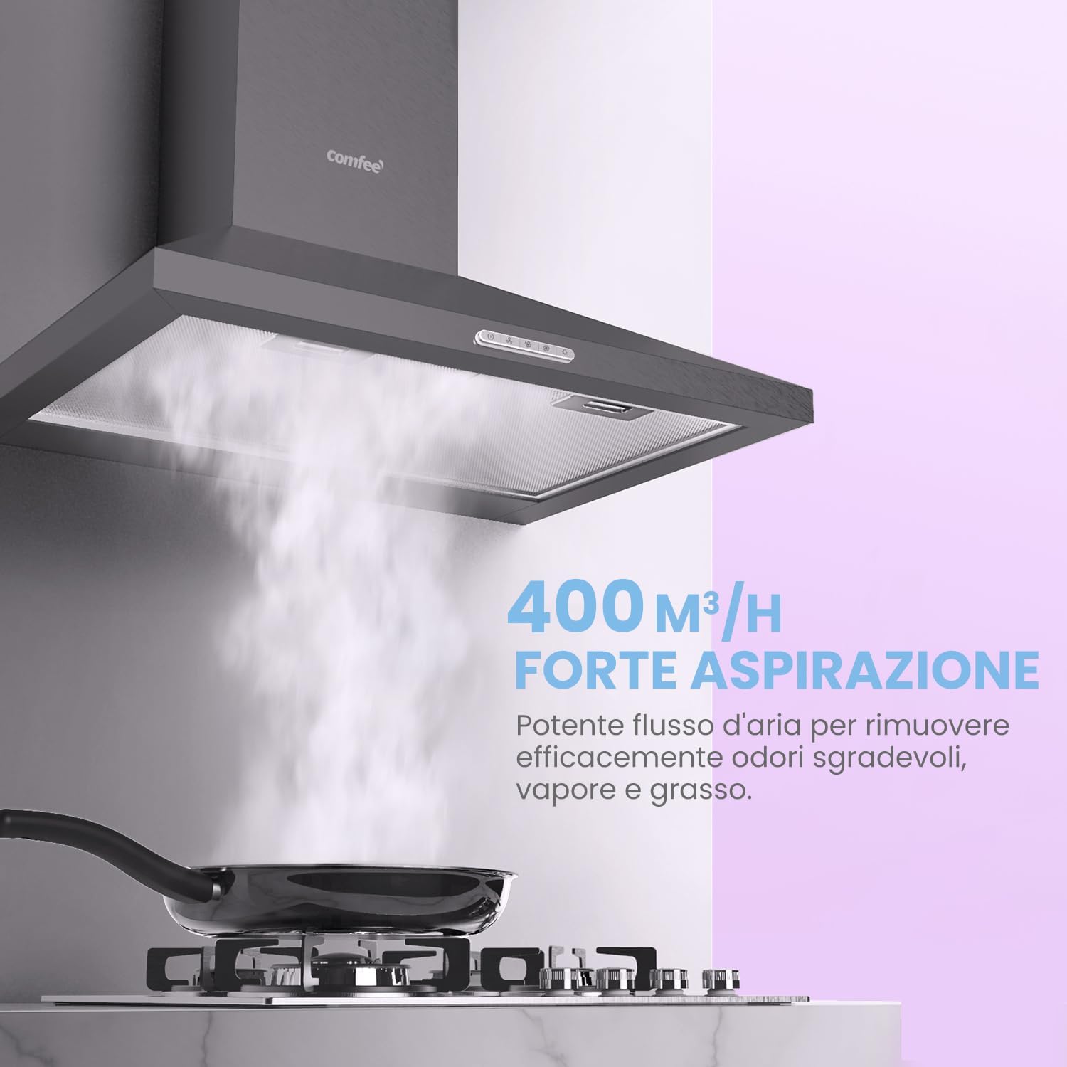 COMFEE Cappa Aspirante 60cm 400m³/h Camino Cappa Cucina 3 Velocità Nero