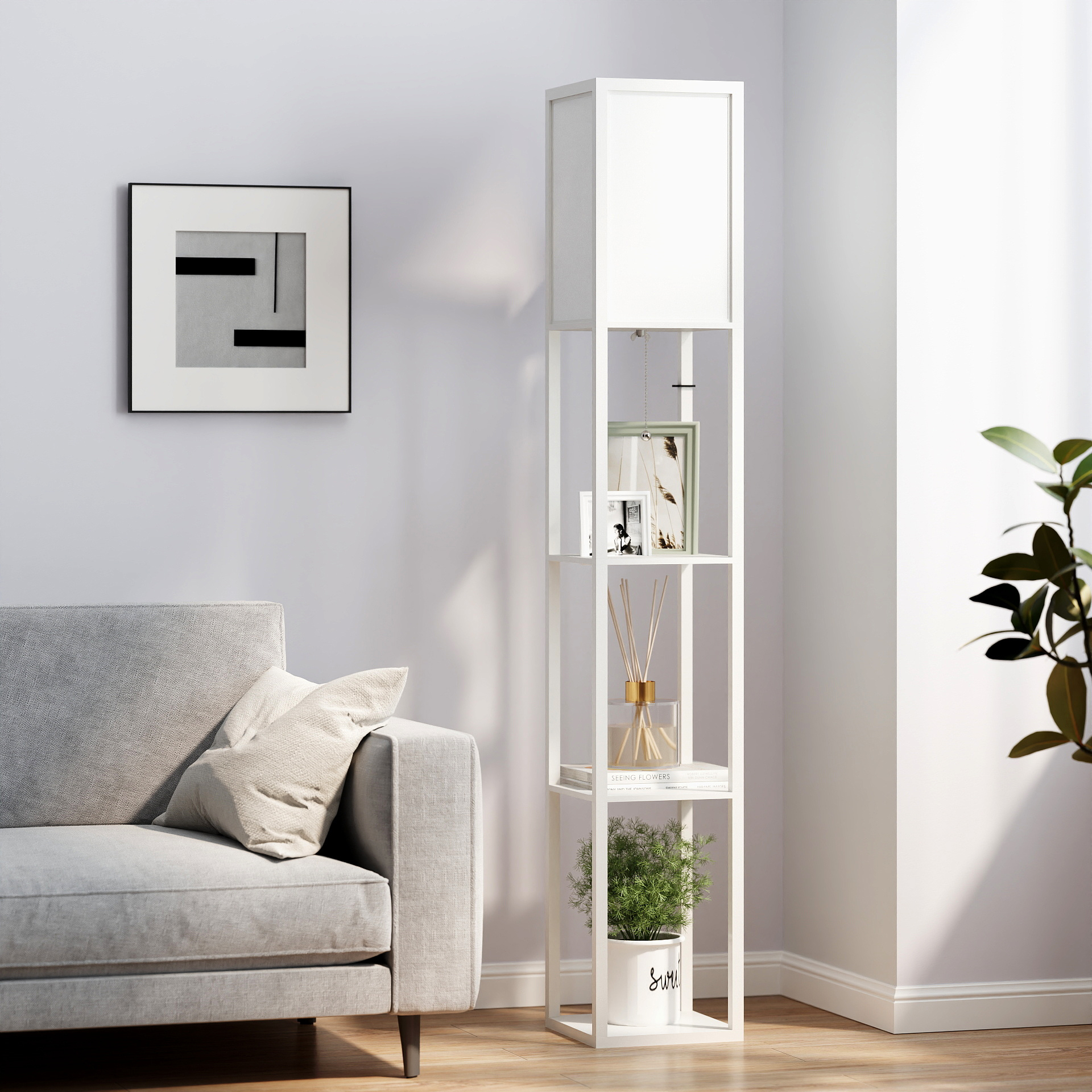 HOMCOM Stehlampe mit Regalen, Stehleuchte, Holz, 26 x 26 x 160 cm, für Wohn-/Schlafzimmer (Ohne Glühbirne)