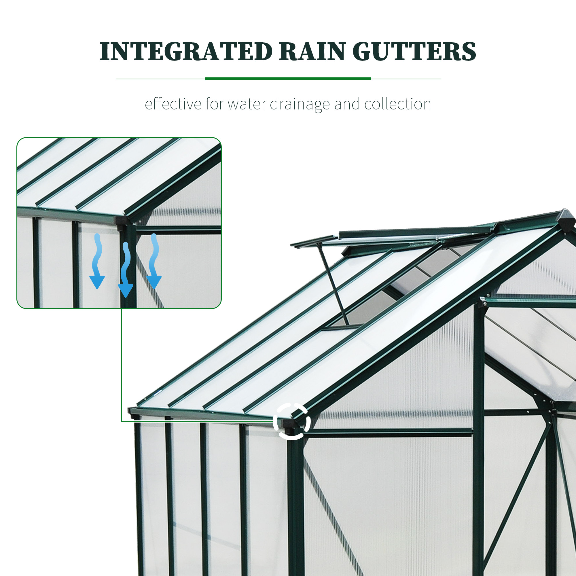 Outsunny kas met polycarbonaat behuizing en dakklep, 190x 252 x 201 cm