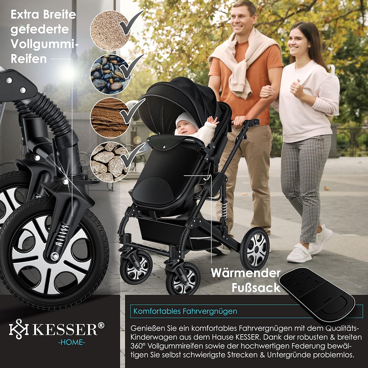 KESSER® Loops 3 in 1 Kinderwagen Kombikinderwagen Komplett-Set inkl. Babywanne & Buggy Sportsitz & Auto-Babyschale Voll-Gummireifen Wickeltasche Regenschutz Kindertisch ECE R129, Schwarz/Schwarz