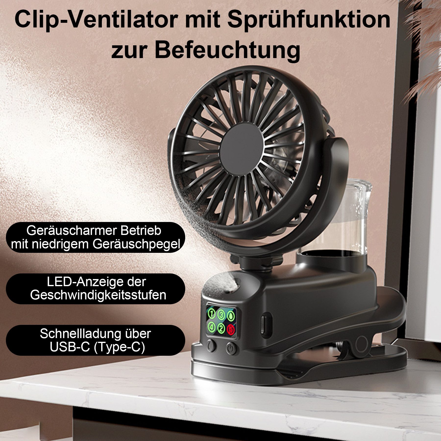 Mini USB-Ventilator Leise Clip Tischventilator mit Wiederaufladbare Batterie 1200MAH