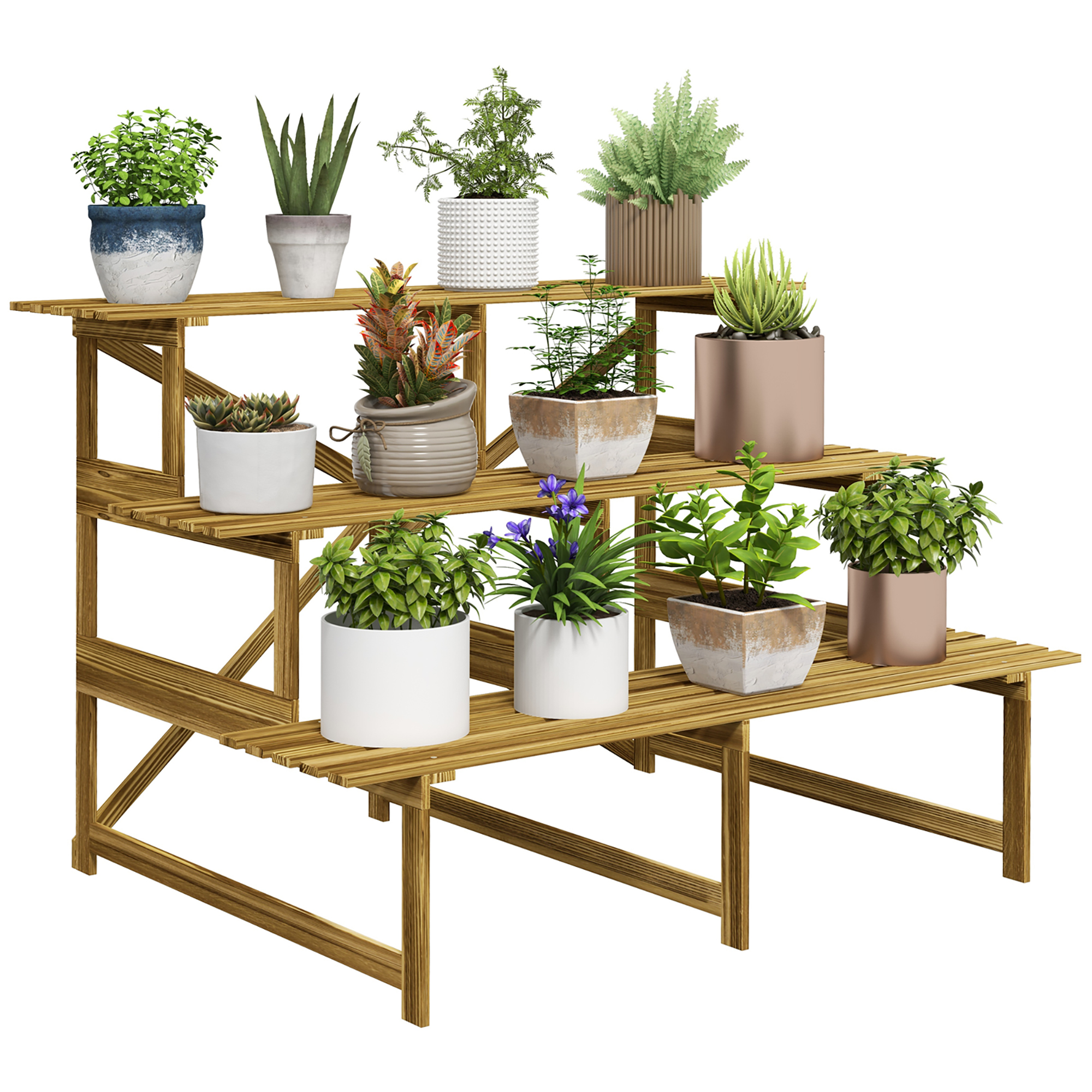 Outsunny Pflanzentreppe, Blumentreppe, Blumenregal, Pflanzregal, Blumenständer, 3 Stufen, Tannenholz, 120 x 80 x 78cm