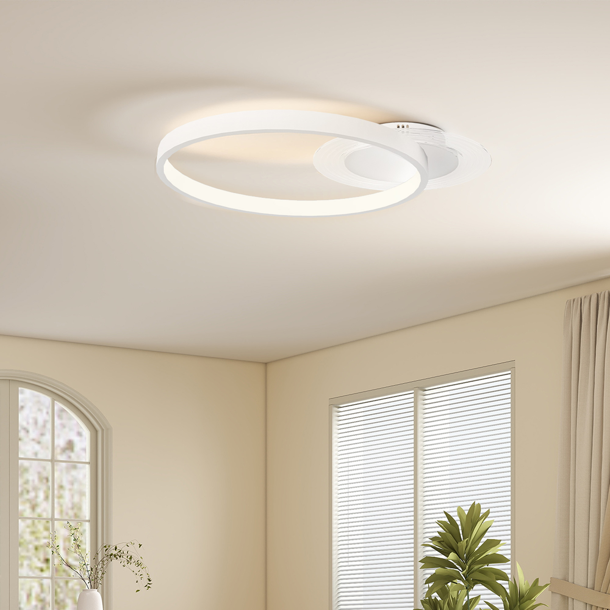 HOMCOM Deckenlampe, Deckenleuchte mit Zwei-Ring-Design, Rund 50 x 40 x 7,4 cm, Weiß