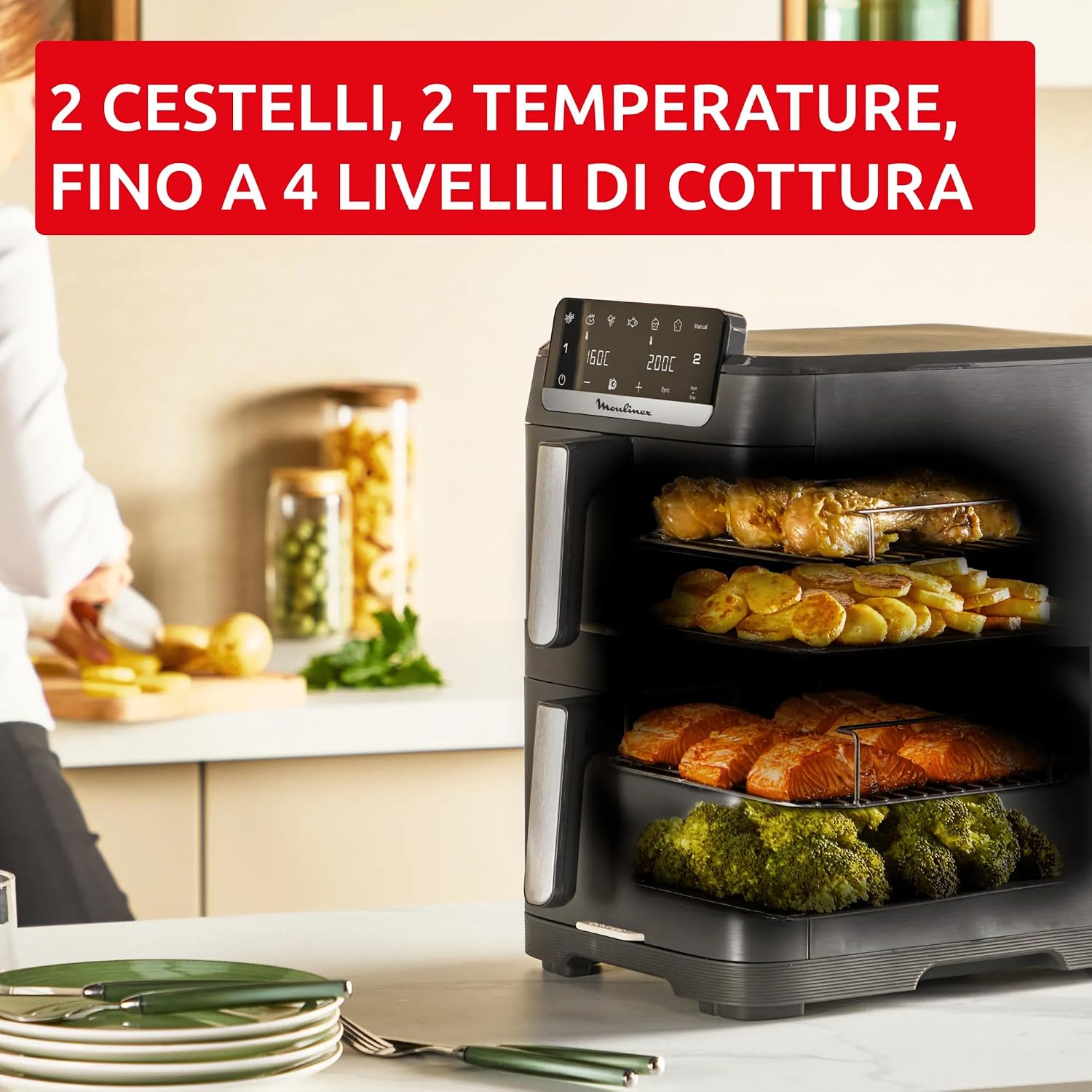 Moulinex Easy Fry Crispy Stack, Friggitrice ad Aria Verticale, EZ756H