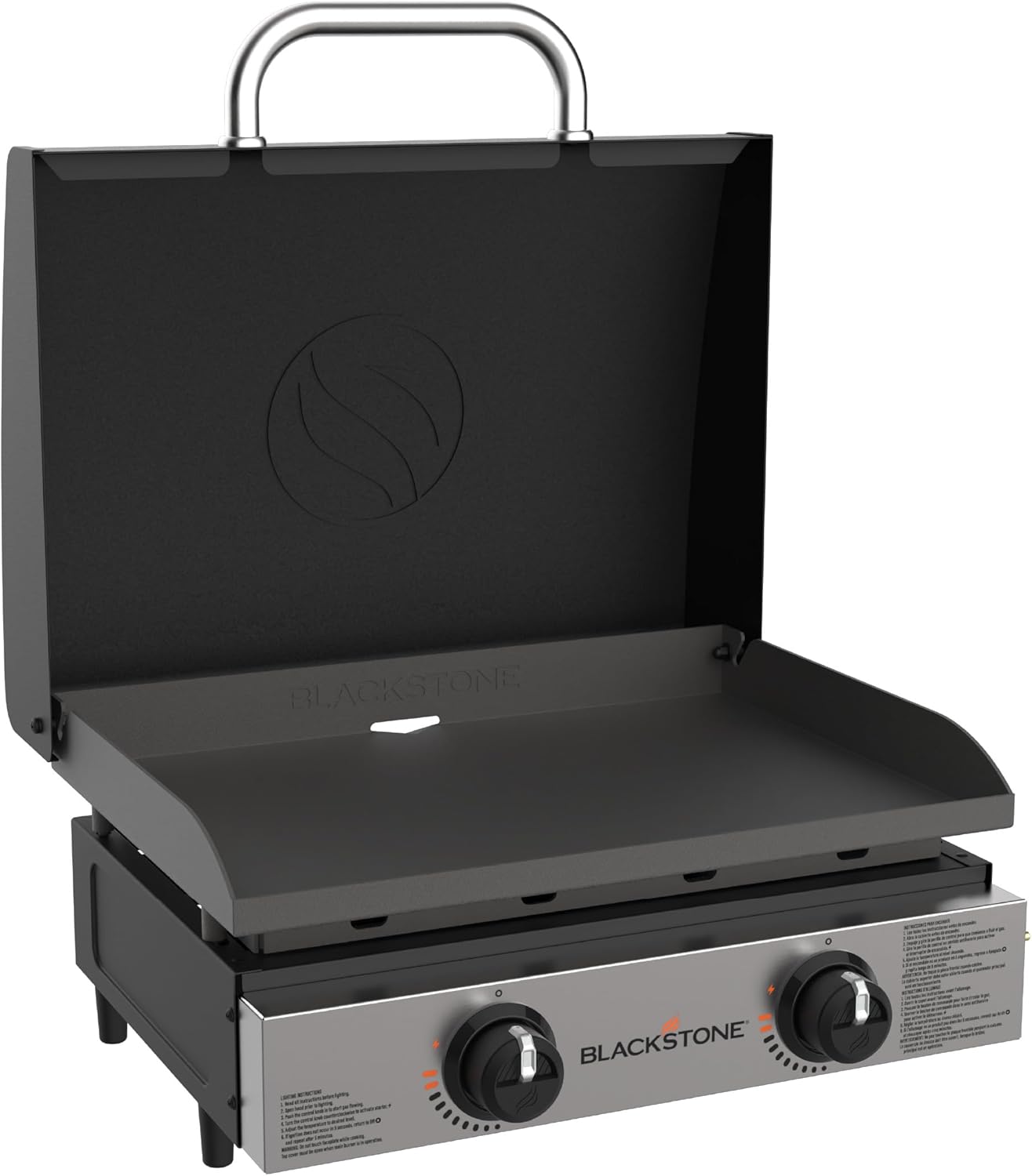 Blackstone 1813 Original 22” Tabletop Griddle with Hood and Stainless Steel Front Plate  Powder Coated Steel  Black