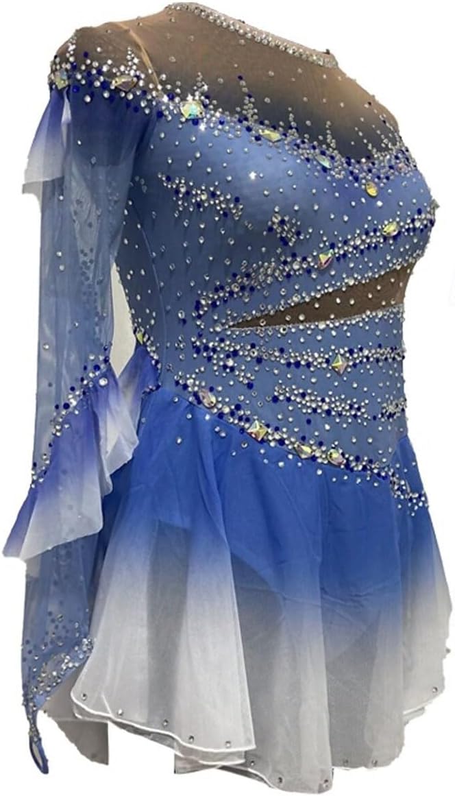 purpleq Professionelles Eiskunstlauf Wettkampf Kleid Gradient Langärmliges Eislauf Performance Kostüm für Mädchen Gymnastik Trikots Activewear Kristall/Strass Rollschuhkleid