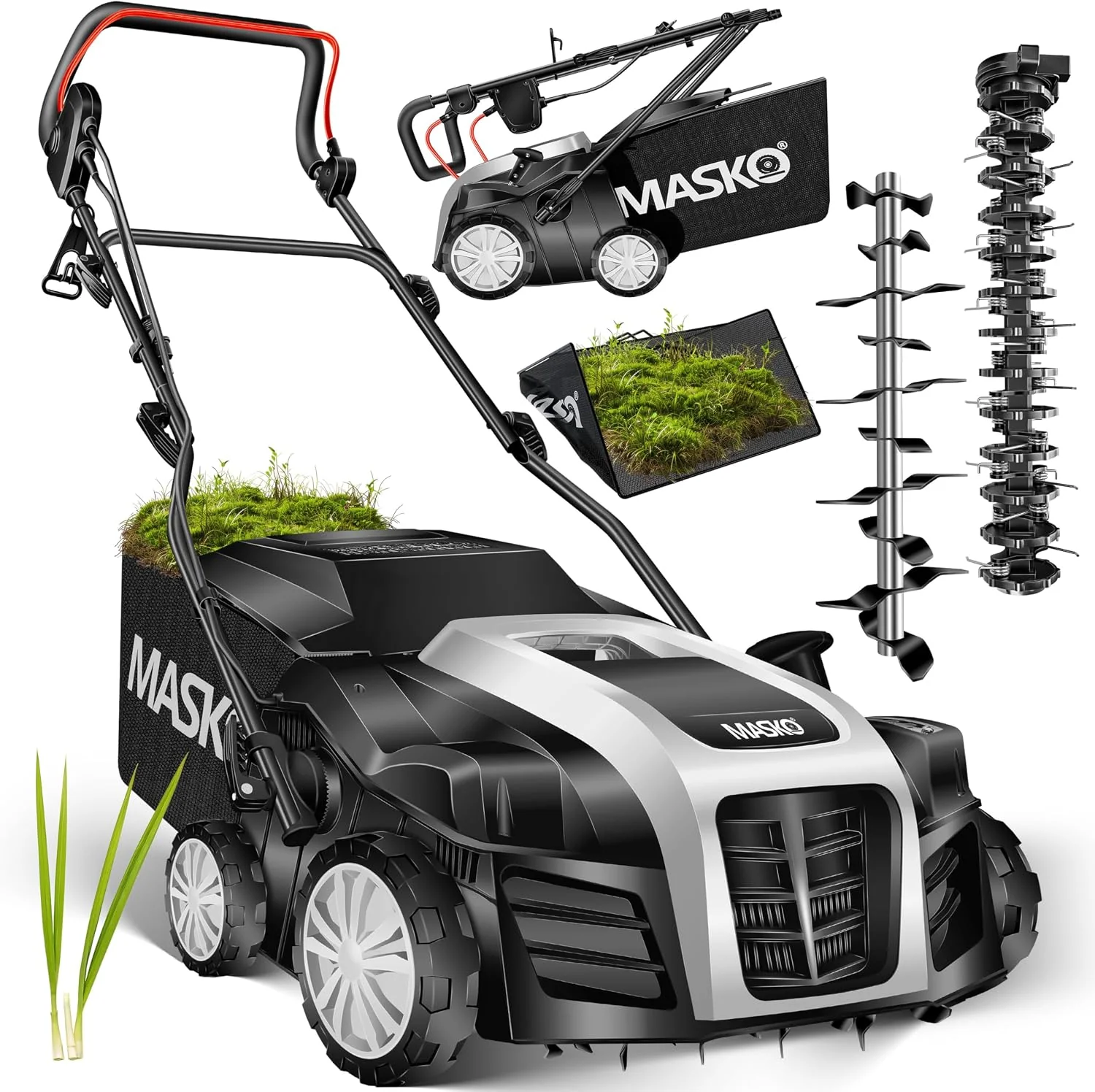 MASKO Vertikutierer, 1800 W, 40 cm, 55 L, Schwarz/Silber, Elektro 2in1 Rasenlüfter Arbeitsbreite Fangkorb mit, 20 Stahlmesser
