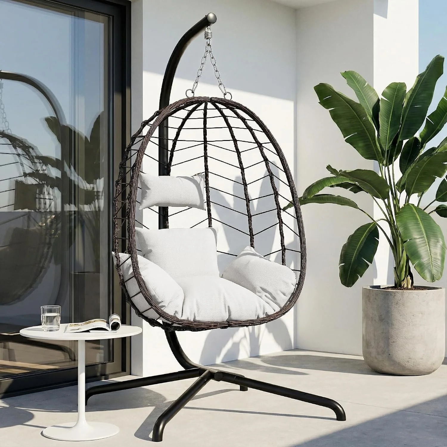 Hanging Egg Chair with Stand, Patio Wicker Hammock Chair 350lbs Capacity (Brown-Gery), Swinging Egg Chair Outdoor Indoor