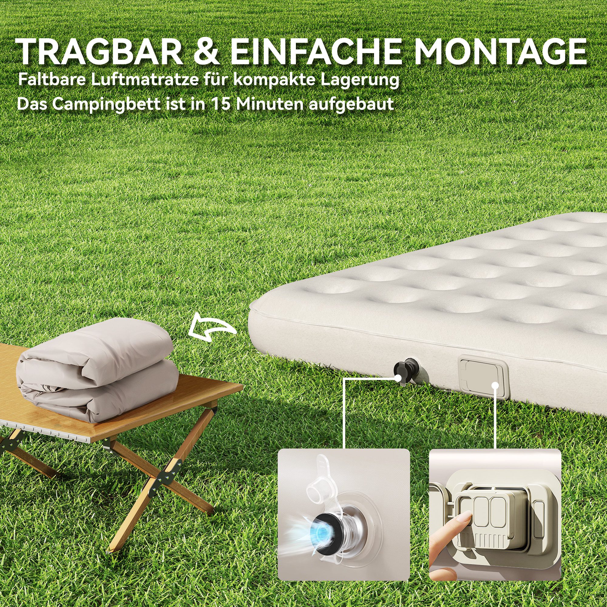 Outsunny Veldbed Kampeerbed met Luchtmatras en Pomp 200 x 153 cm Draagvermogen tot 200 kg Zwart+Khaki