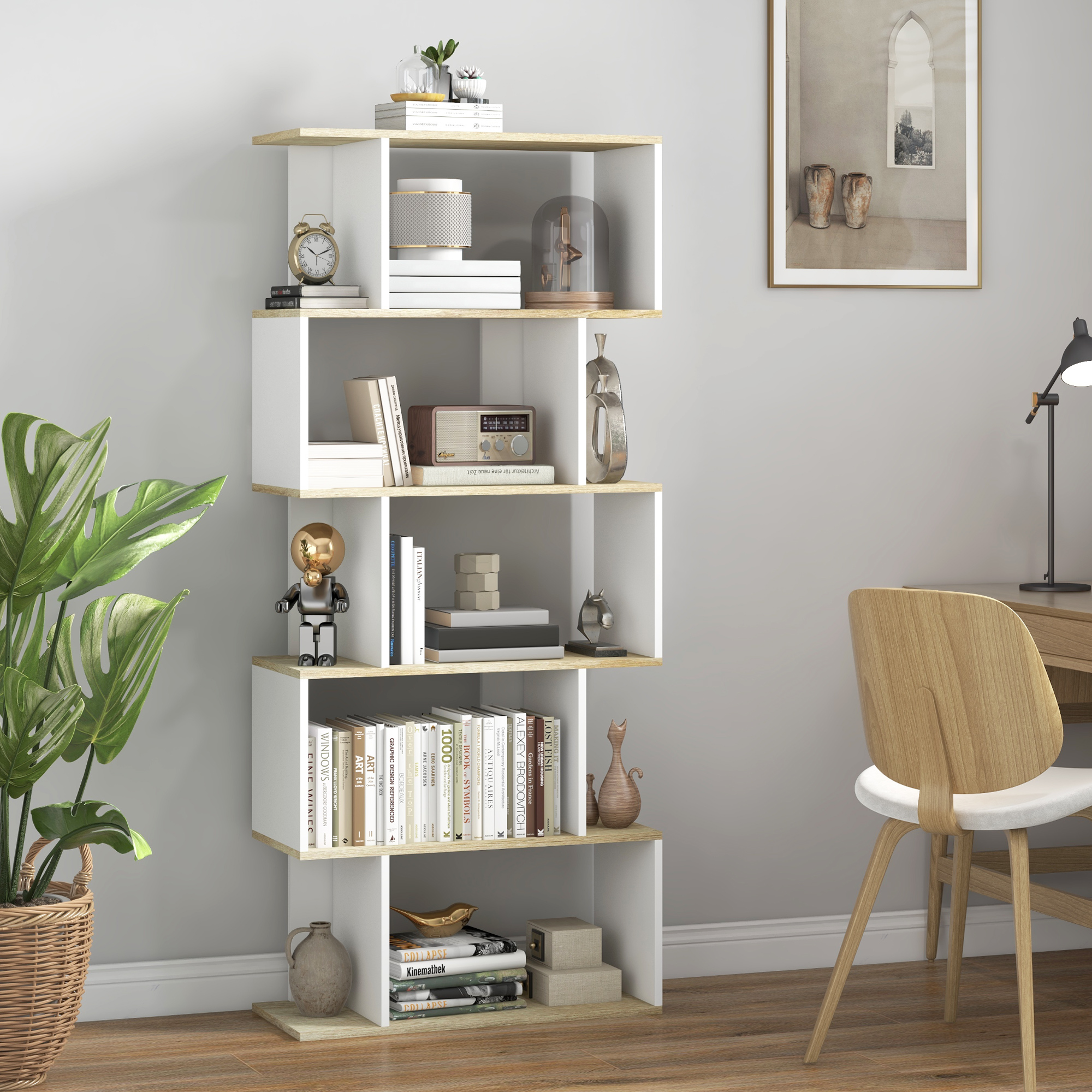 HOMCOM Skandinavisches Bücherregal Aufbewahrungsmöbel 5 Regale gegen Kippen, Belastung 25 kg Holzoptik & Weiß