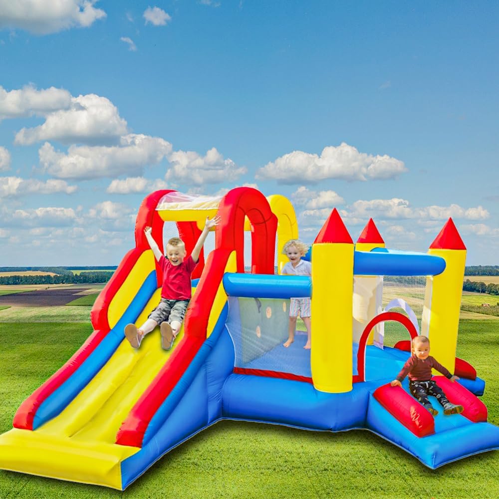 Ballsea Castello gonfiabile gonfiabile con scivolo lungo, parco giochi per interni ed esterni, certificato di sicurezza, diverse aree di gioco, per bambini 3-10 anni, 375 x 305 x 195 cm (con ventola)