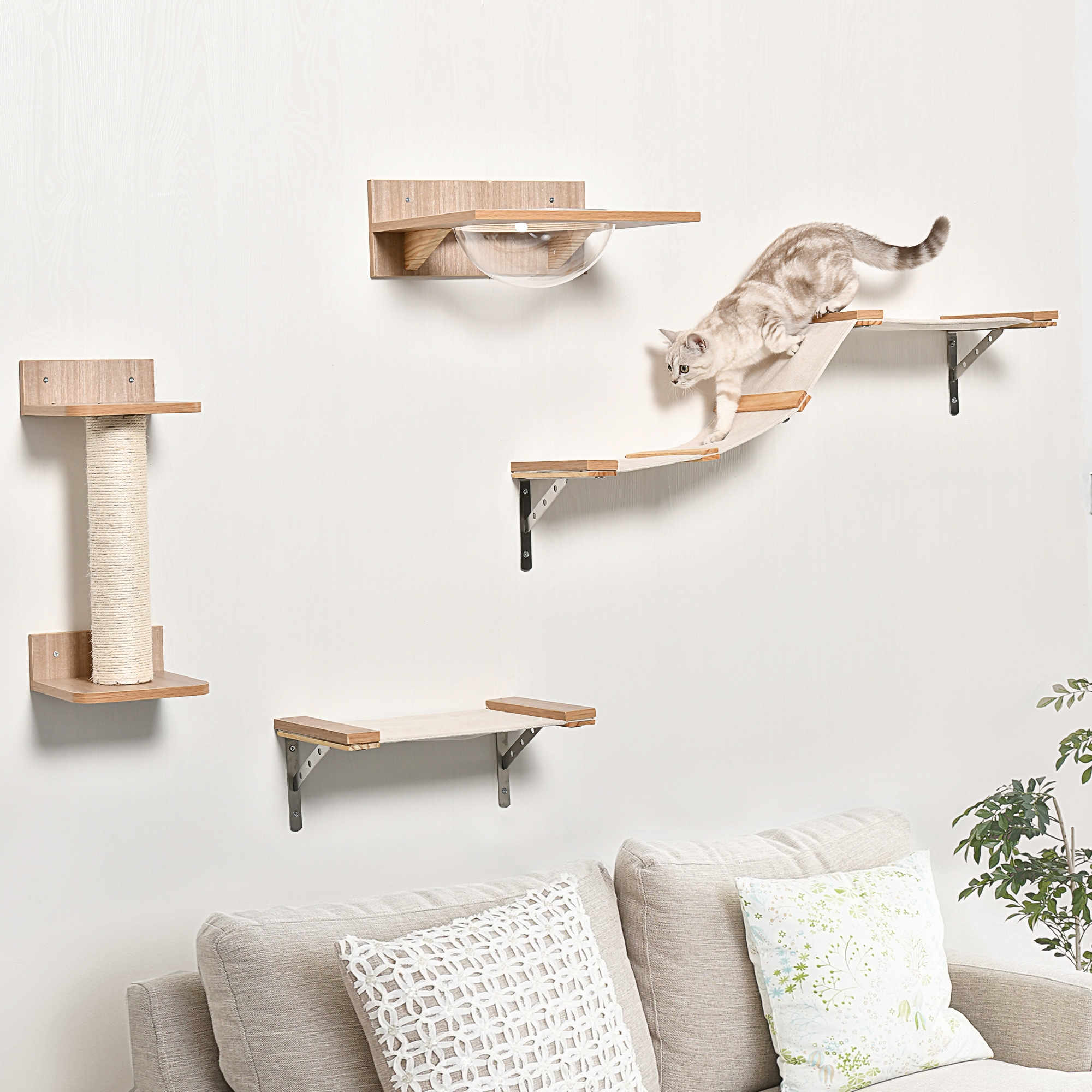 PawHut 4tlg. Kletterwand für Katzen Katzenkletterwand mit Kratzbaum Katzentreppe Katzenmöbel Hängematte Hellbraun Sisal Acryl Kiefer