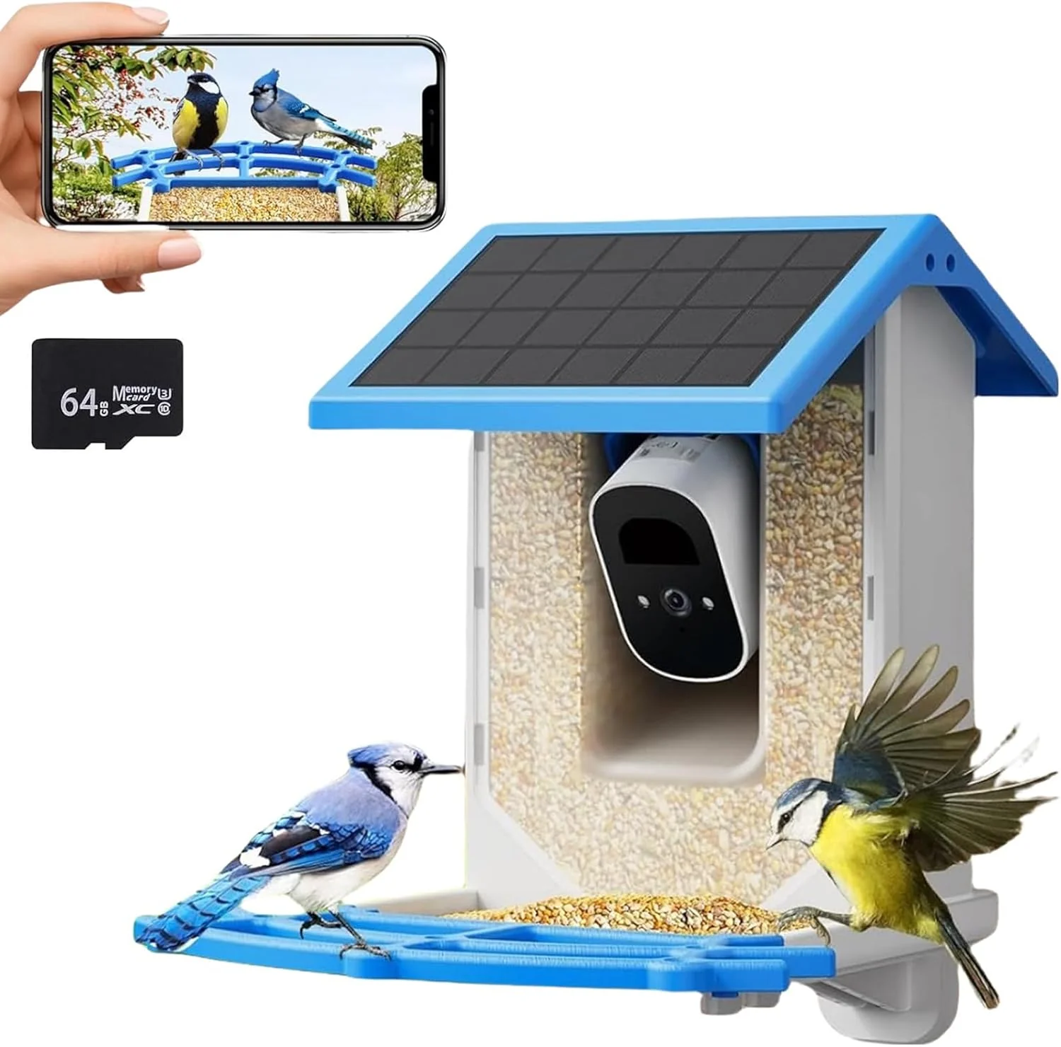 Smart Bird Feeder Camera - 4MP 2.5K Full HD, 64G TF Card Included, Solar Powered Wireless, Auto Capture Bird Video & Notify Detected Birds, AI Identify 11000+ Birds Feed Watching Camera