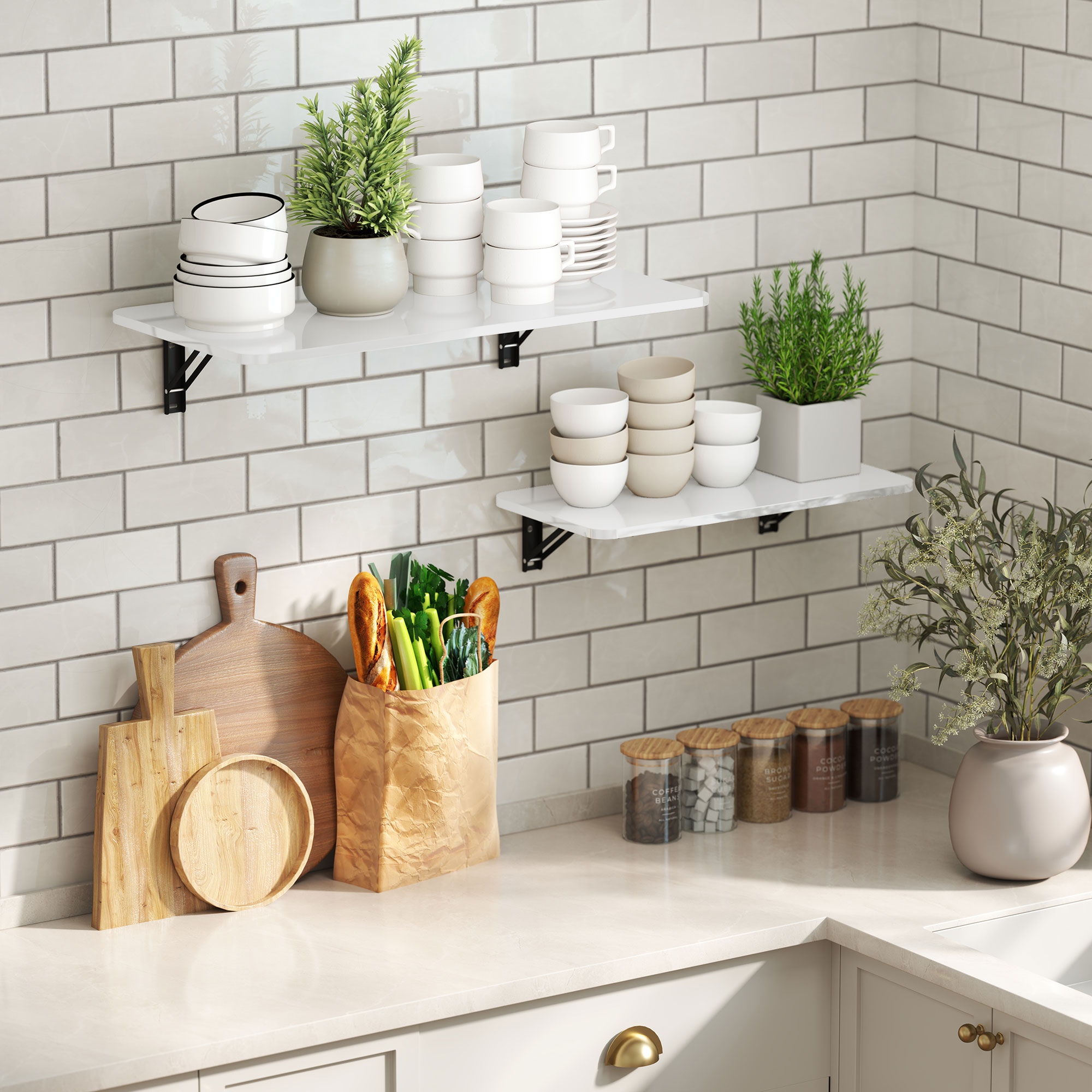 HOMCOM Satz von 2 klappbaren Wandtischen, klappbarer Wandtisch aus Holz, für Küche, Esszimmer, Büro, hochglänzendes Weiß