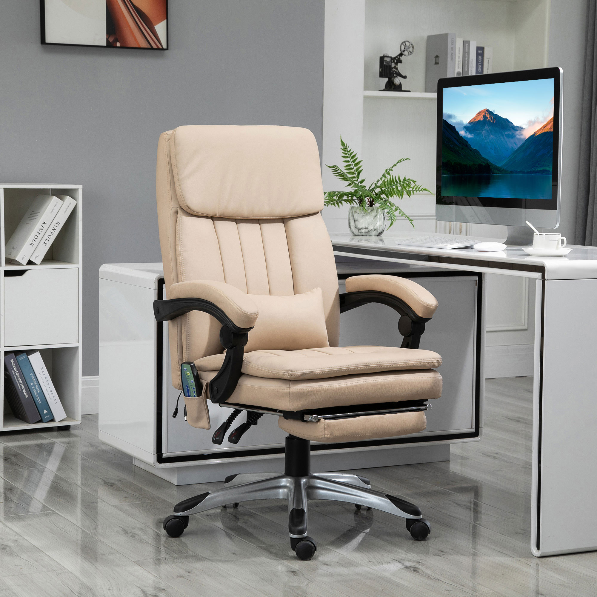 Vinsetto Massagesessel Bürostuhl ergonomisch höhenverstellbar neigbare Rückenlehne ausziehbare Fußstütze Lendenkissen Fernbedienung Kunstleder beige